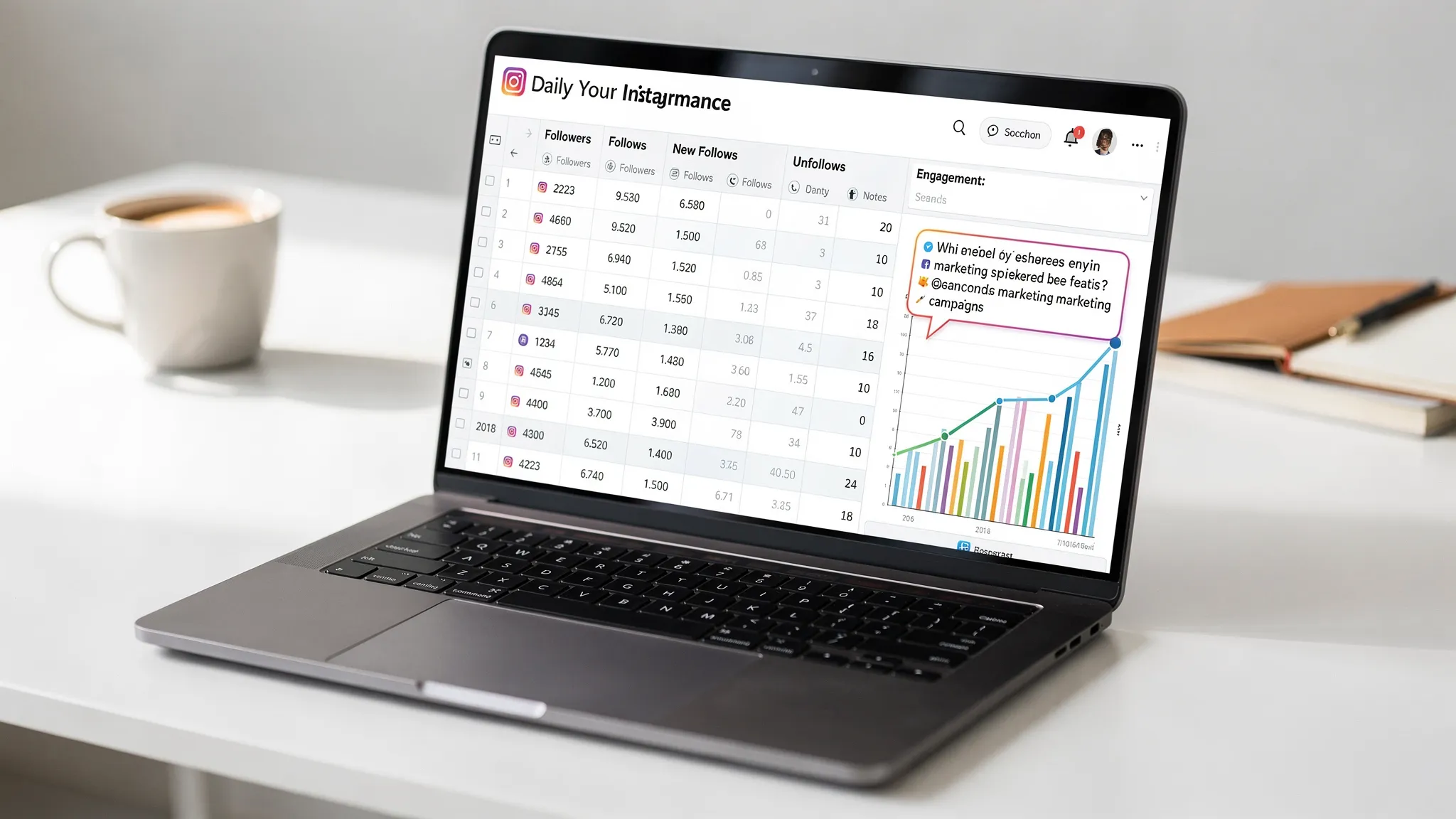A simple spreadsheet on a laptop summarising daily Instagram follower counts, follows and unfollows, with notes linking spikes to Reels and campaigns.