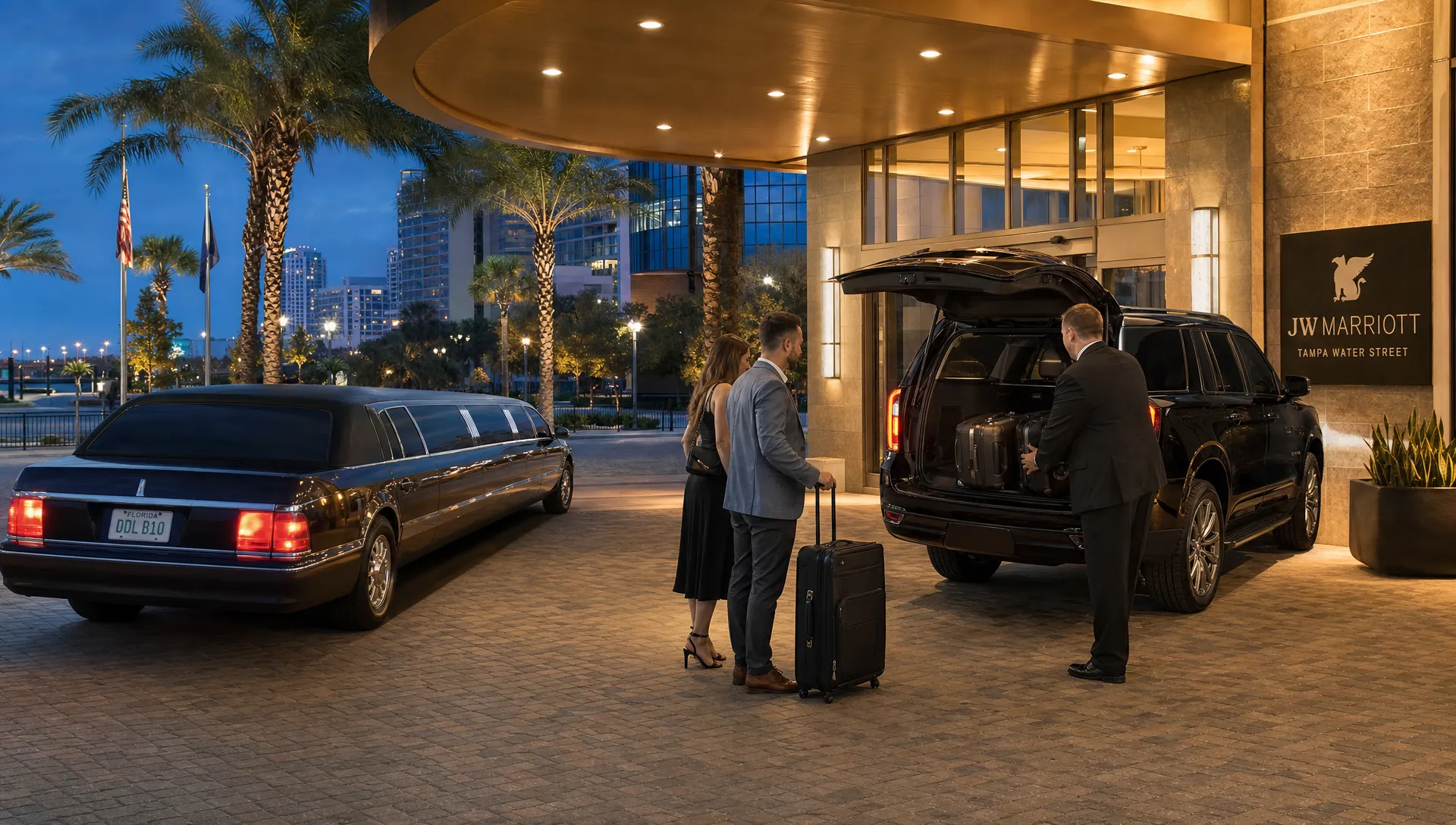 A stretch limousine and luxury SUV wait at a Tampa hotel entrance while adult travelers and a chauffeur load luggage for an evening transfer.