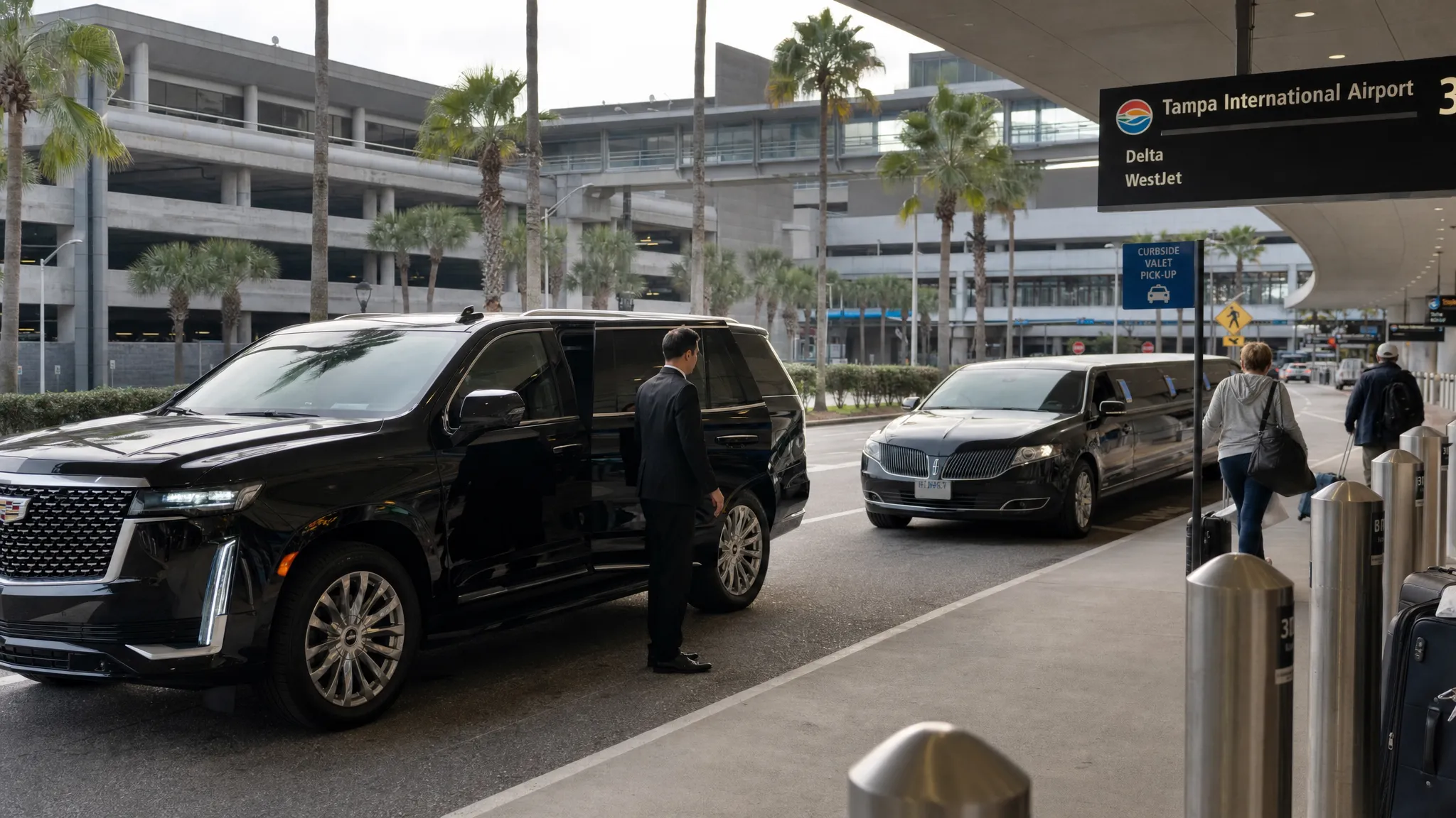 A black luxury SUV and stretch limousine staged at a Tampa International Airport curbside pickup zone, with terminal signage, palm trees, and travelers holding luggage near the vehicles.