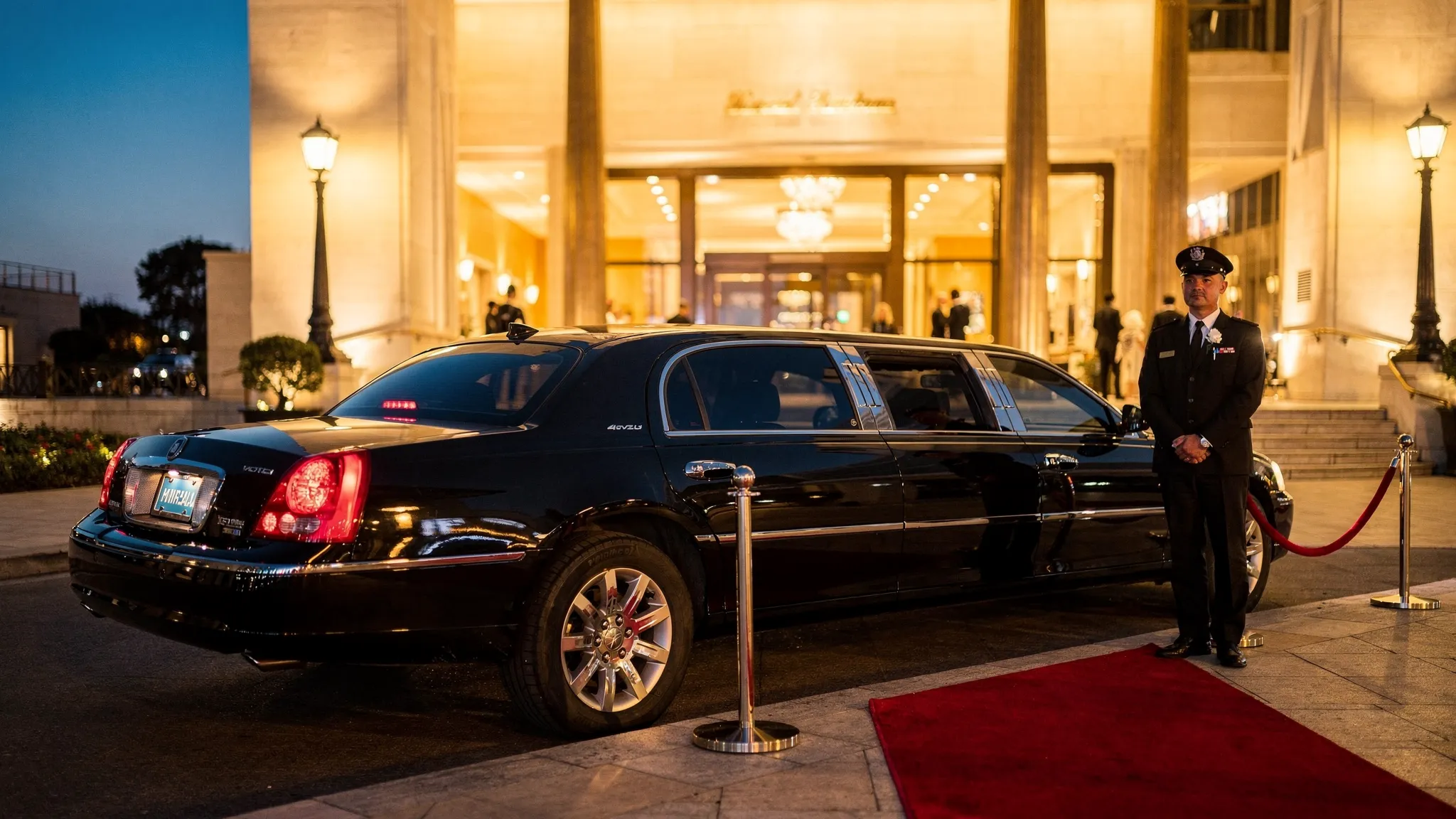 A polished black stretch limousine parked at a well-lit venue entrance at dusk, with a chauffeur standing near the rear passenger door and a red carpet-style walkway leading toward the building.