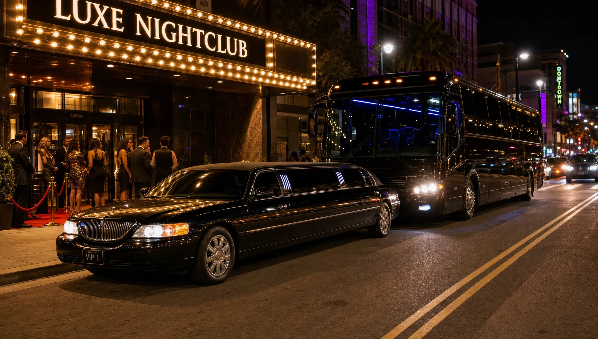 A luxury party bus and a stretch limousine parked outside an upscale nightlife venue at night, with a glowing marquee, a clear curbside pickup area, and a celebratory city street atmosphere.