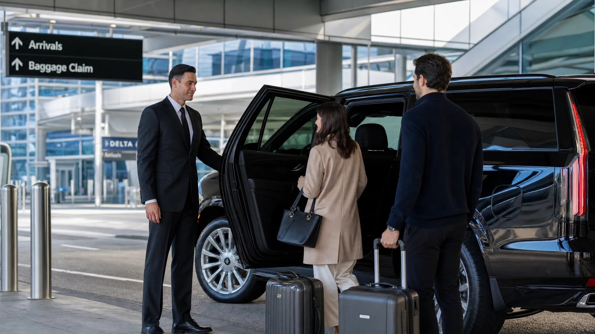 A professional chauffeur standing beside a luxury SUV at an airport arrivals area, with luggage nearby and travelers preparing to enter the vehicle.