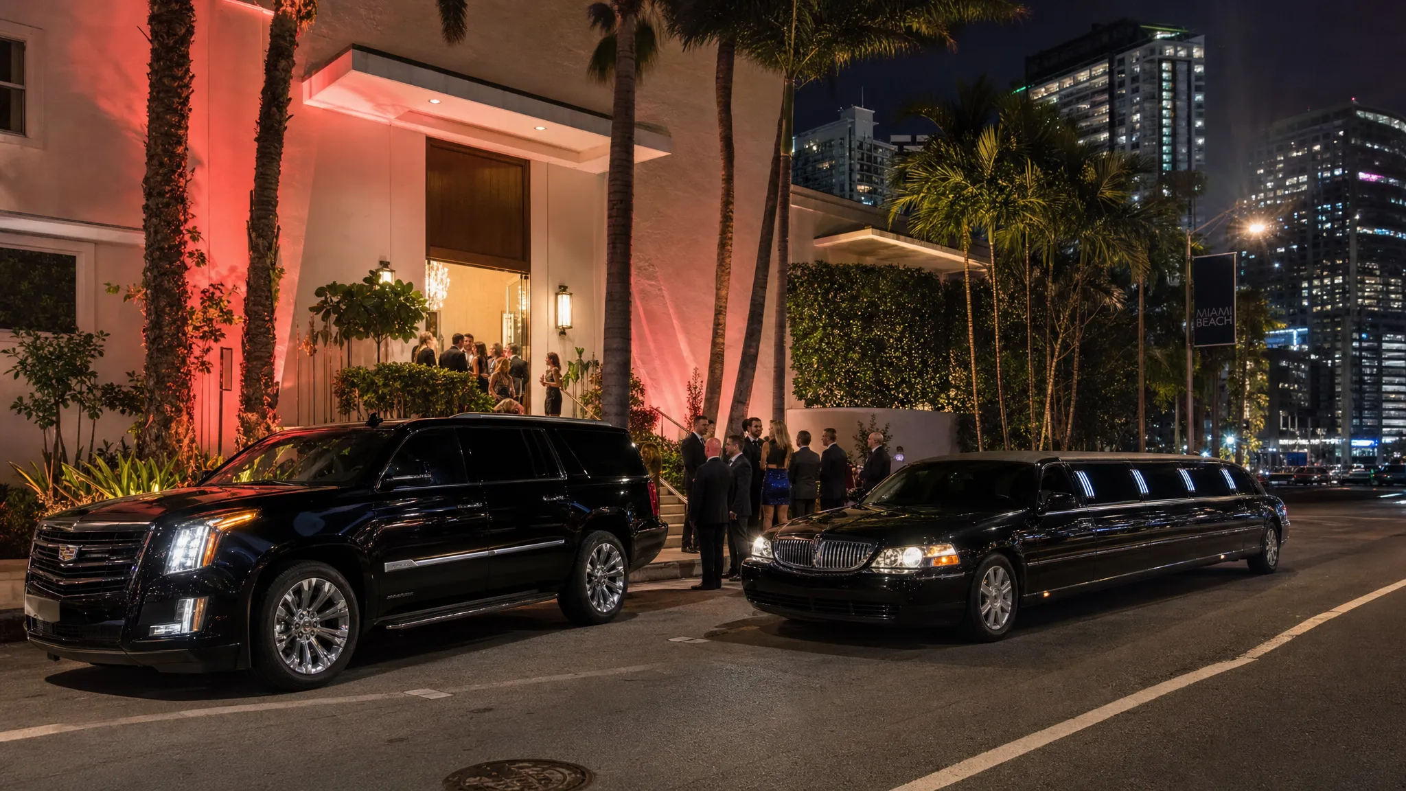 A black luxury SUV and a stretch limousine waiting along a Miami venue curb at night, with palm trees, city lights, and guests gathering near the entrance for an evening event.