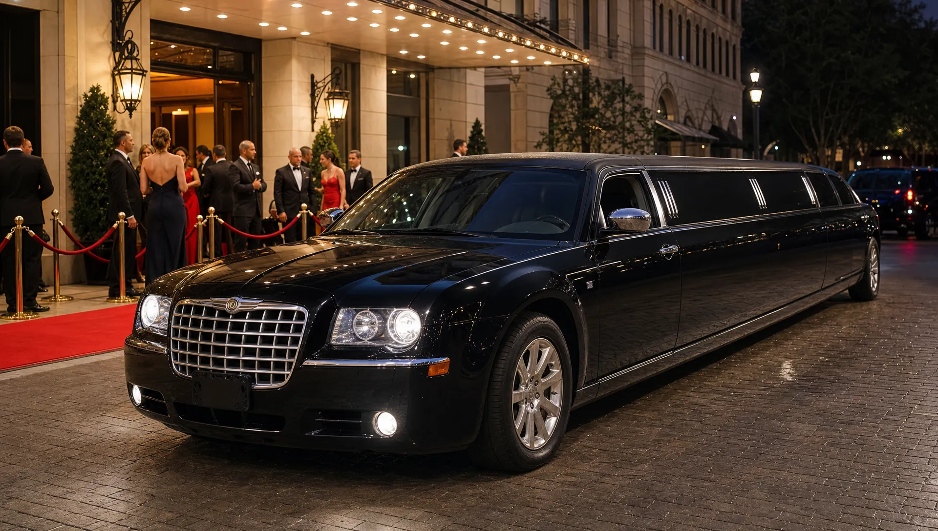 A black Chrysler 300 stretch limousine waits at an upscale venue entrance with guests in formal attire and a red carpet arrival lane.