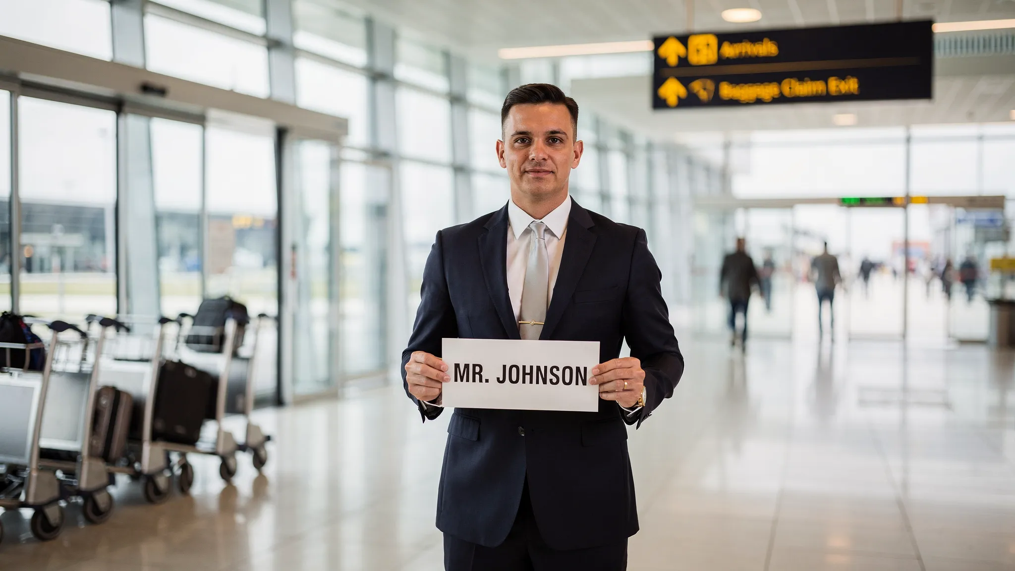 A chauffeur in a dark suit stands near an airport arrivals area holding a simple name sign, with luggage carts nearby and clear directional signage in the background.