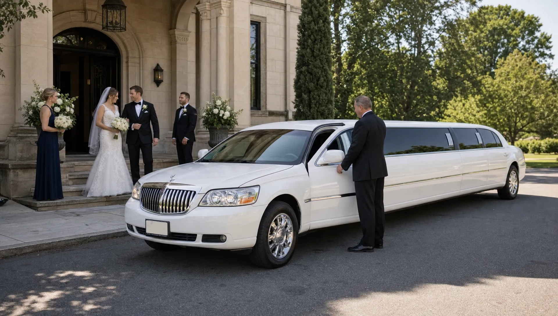 A white wedding limousine waits by a venue entrance while a couple and attendants prepare to leave after the ceremony.
