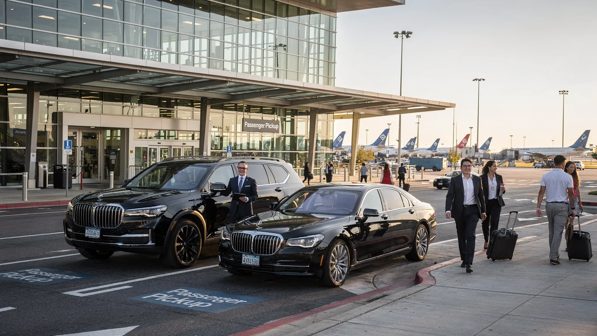 A luxury black SUV and a sleek executive sedan waiting in the designated airport pickup area outside a modern Atlanta airport terminal, with travelers carrying luggage nearby and a professional chauffeur standing by the vehicle.