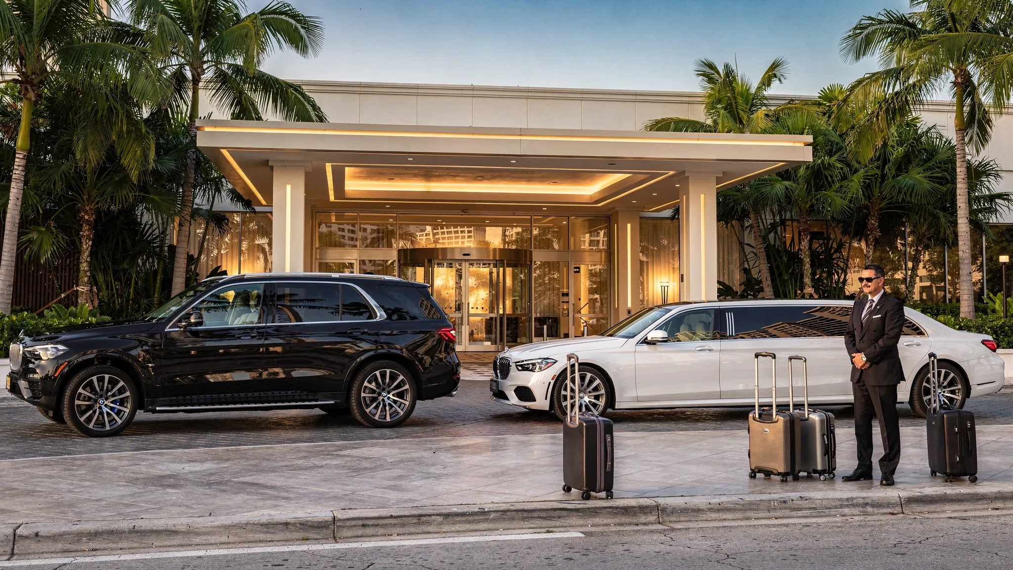 A black luxury SUV and a white stretch limousine waiting outside a Miami hotel entrance, with palm trees, luggage, and a professional chauffeur standing near the curb.