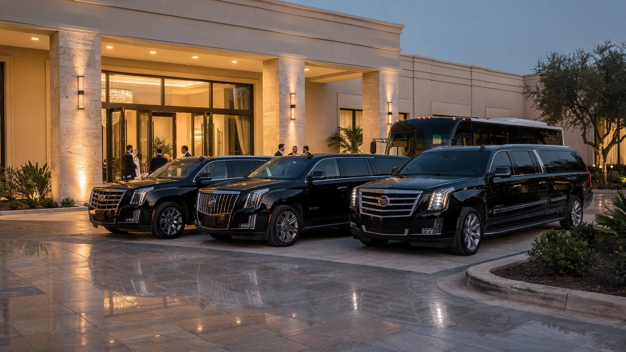 A black luxury limousine, SUV, executive van, and party bus parked in a clean lineup outside an upscale event venue, showing different vehicle options for airport transfers, weddings, corporate travel, and group celebrations.