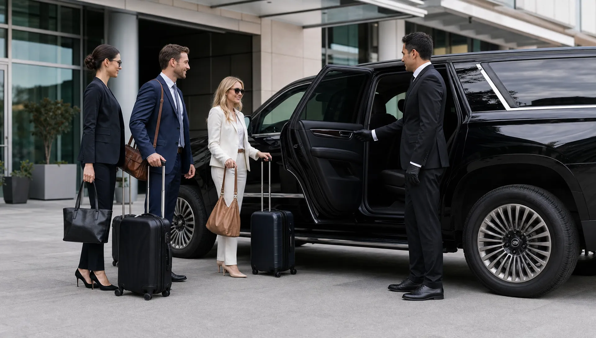 A professional chauffeur opens the rear door of a black luxury SUV outside a modern office building while a small corporate team with travel bags prepares to board.