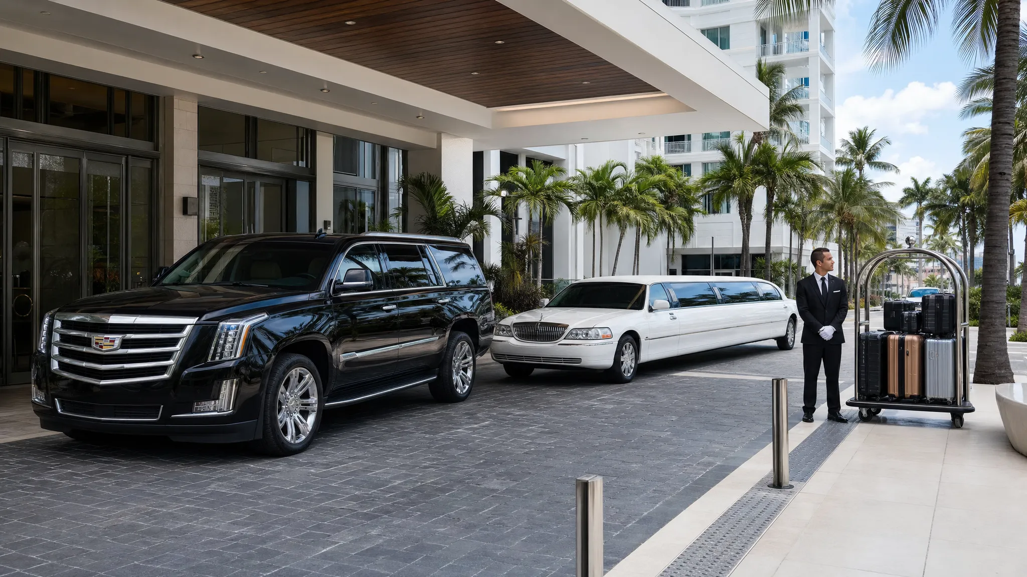 A black luxury SUV and a white stretch limousine waiting near a modern Miami hotel entrance with palm trees, luggage neatly loaded nearby, and a professional chauffeur standing ready for arriving guests.
