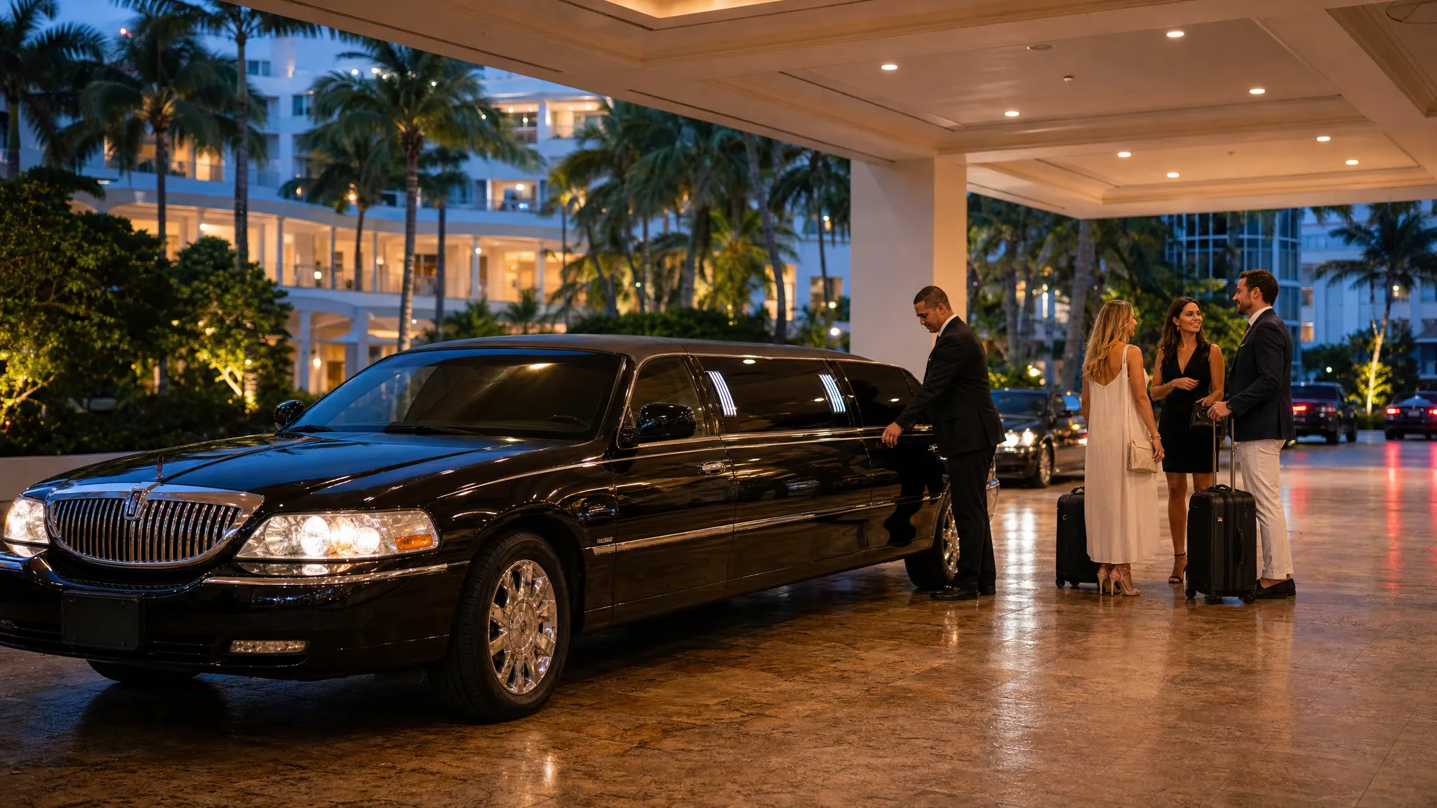 A black luxury limousine parked at a Miami hotel porte cochere at evening, with palm trees, warm lobby lights, and adult travelers gathered near the curb for a comfortable chauffeured ride.