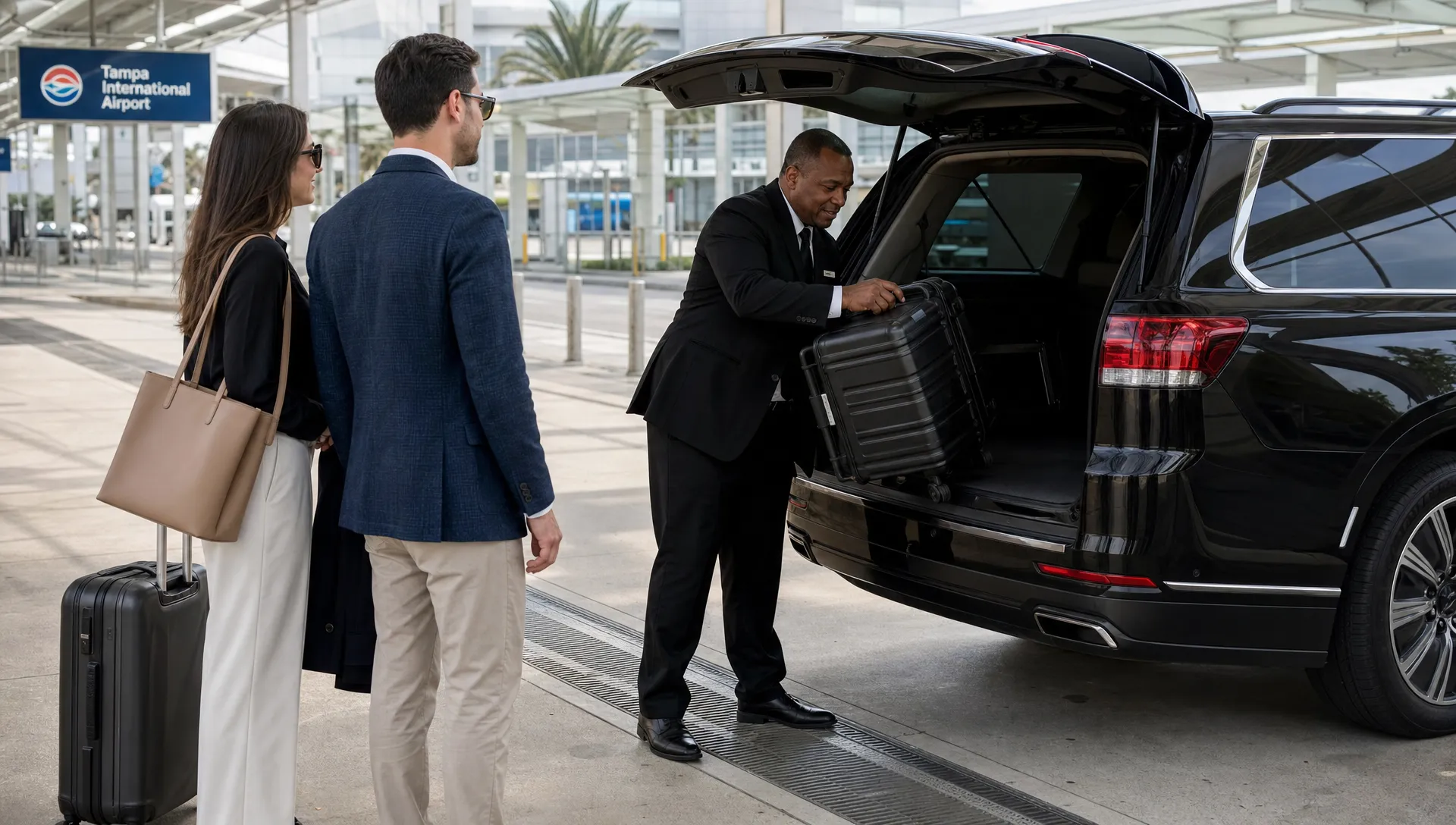 A chauffeur helps travelers load luggage beside a black luxury SUV at Tampa International Airport for airport, cruise, and business travel.