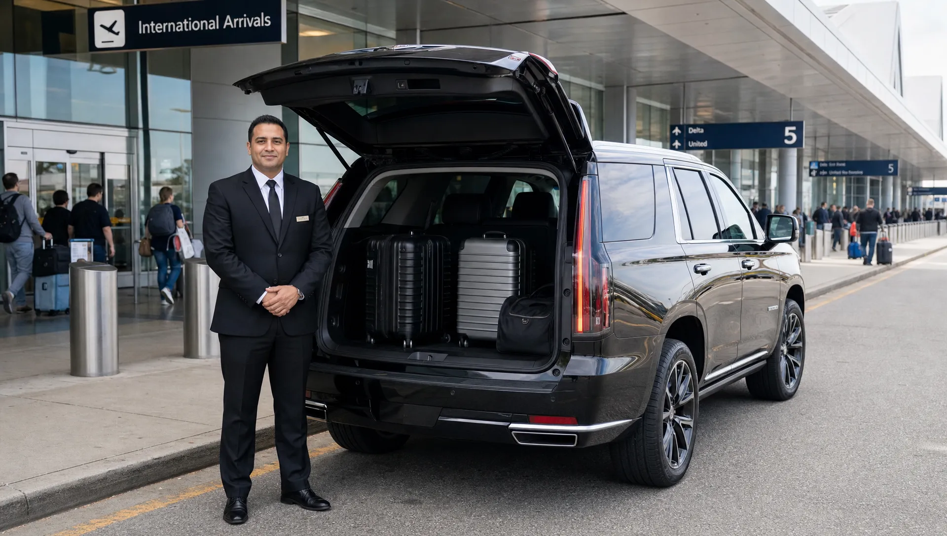 A professional chauffeur stands beside a luxury black SUV at the airport arrivals curb, with luggage loaded near the rear and travelers moving through the terminal behind.