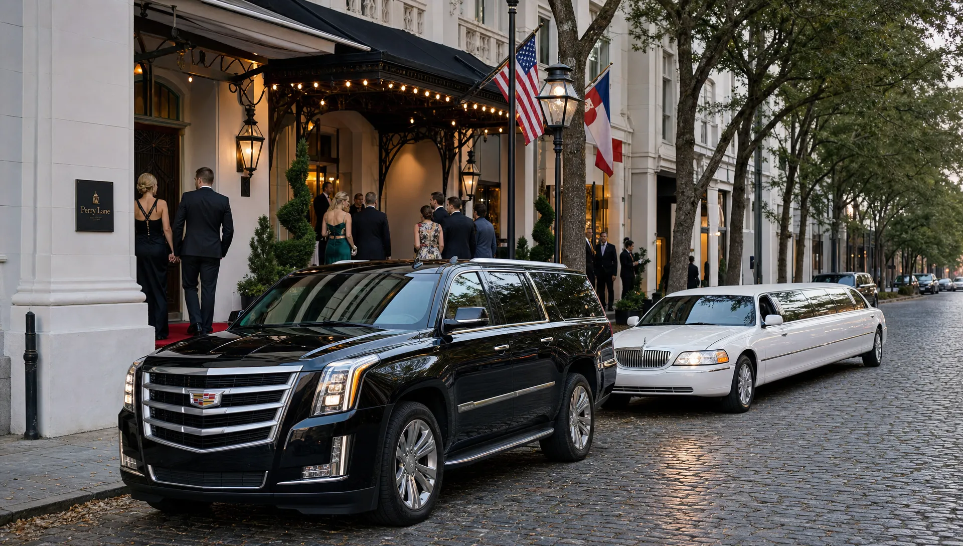 A black luxury SUV and a white stretch limousine wait outside a Savannah venue as guests arrive for a formal event.