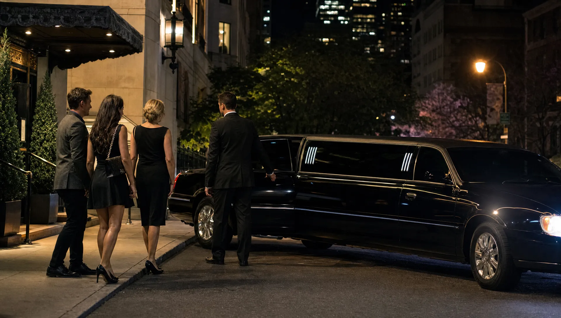 A black stretch limousine waits outside an upscale restaurant at night with a small group ready for an evening out.