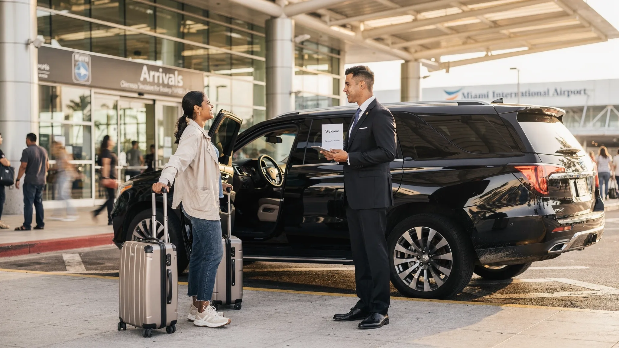 A traveler with luggage meets a professionally dressed chauffeur at Miami International Airport pickup area, with a luxury black SUV parked curbside and clear terminal signage in the background.