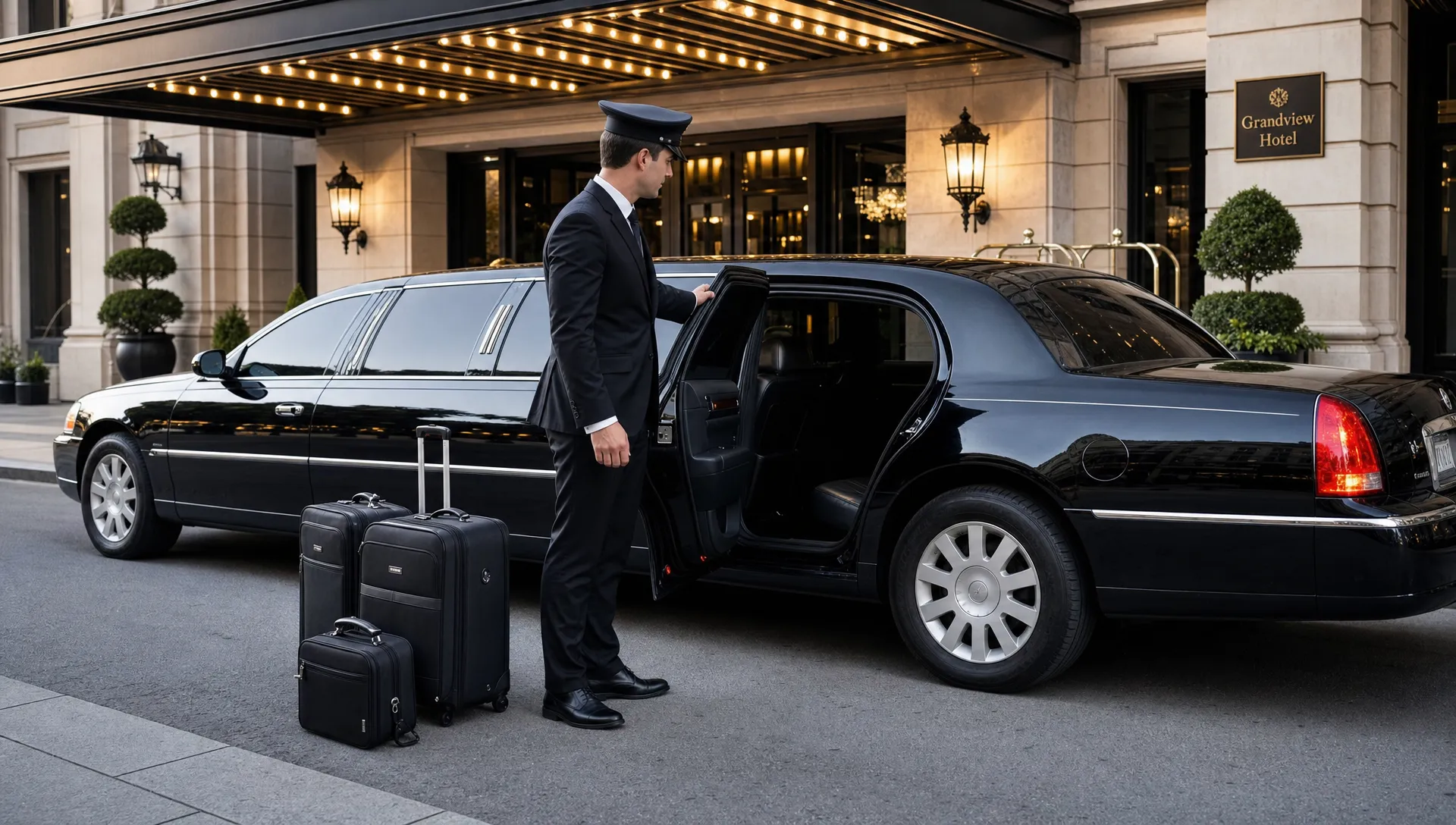 A clean black limousine parked outside an upscale hotel entrance with a suited chauffeur standing by the open rear door and luggage ready for loading.