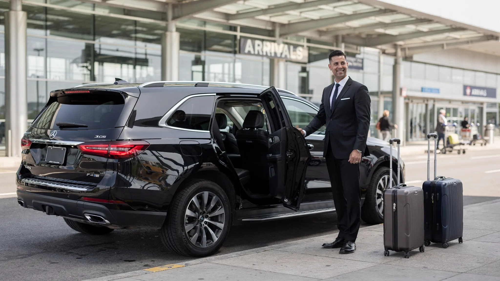 A professional chauffeur standing beside a clean black luxury SUV at an airport pickup area, with luggage ready near the curb and a calm travel atmosphere.