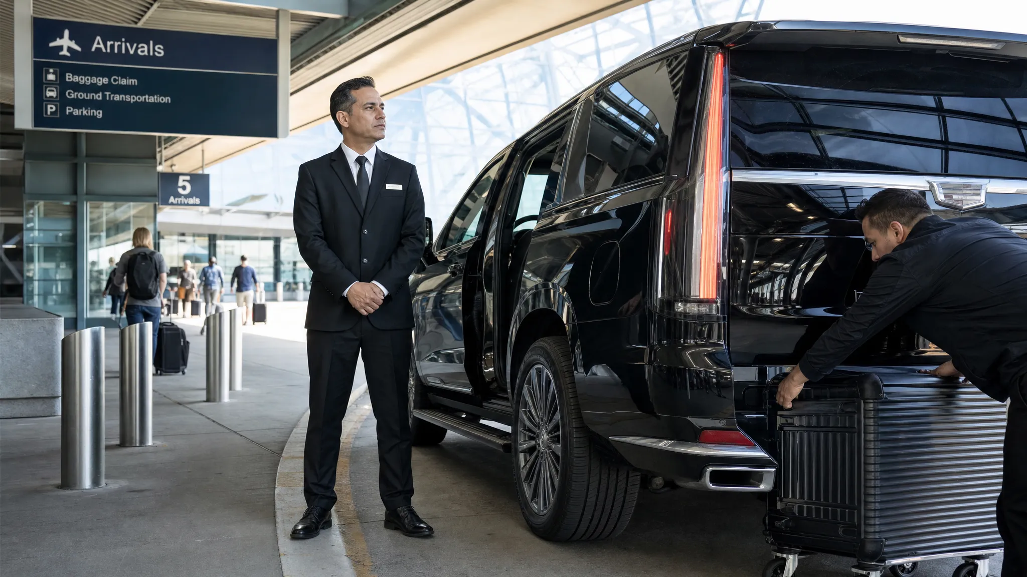 A professionally dressed chauffeur standing beside a black luxury SUV at an airport arrivals curb while luggage is loaded into the vehicle, with terminal signs and travelers in the background.