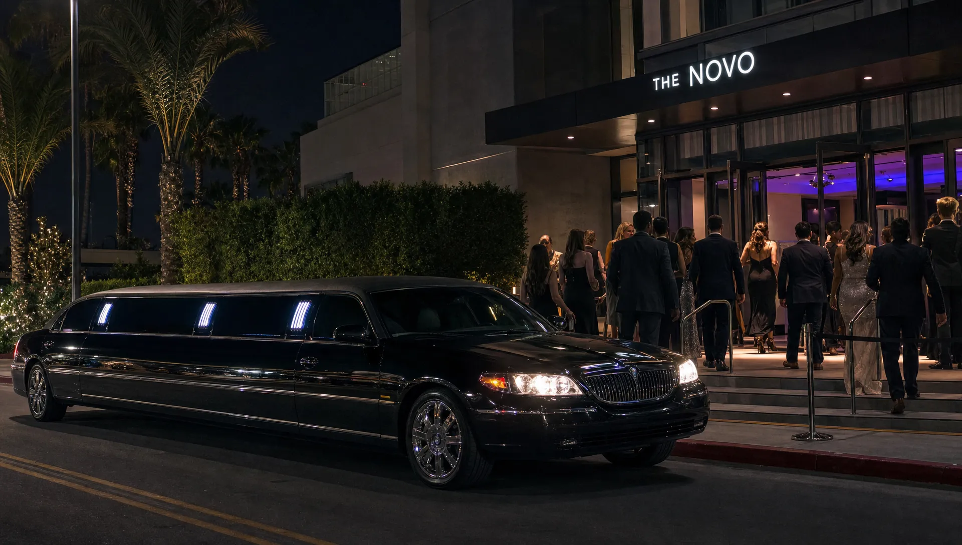 A black limousine waits outside a Los Angeles event venue at night as guests in formal attire arrive at the entrance.