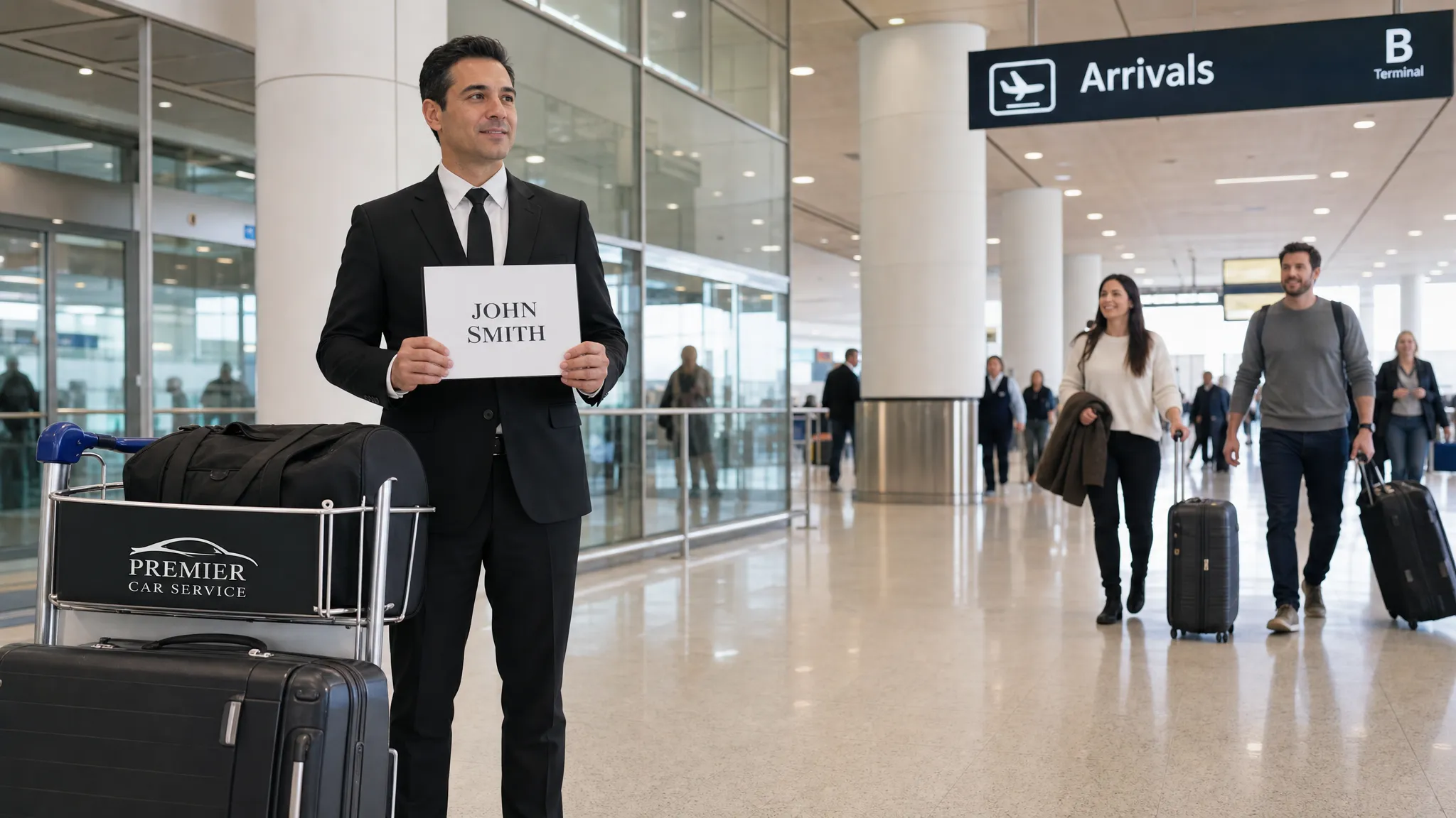 A professional chauffeur stands in an airport arrivals hall beside a luggage cart, holding a printed name sign as travelers with luggage approach the pickup area.