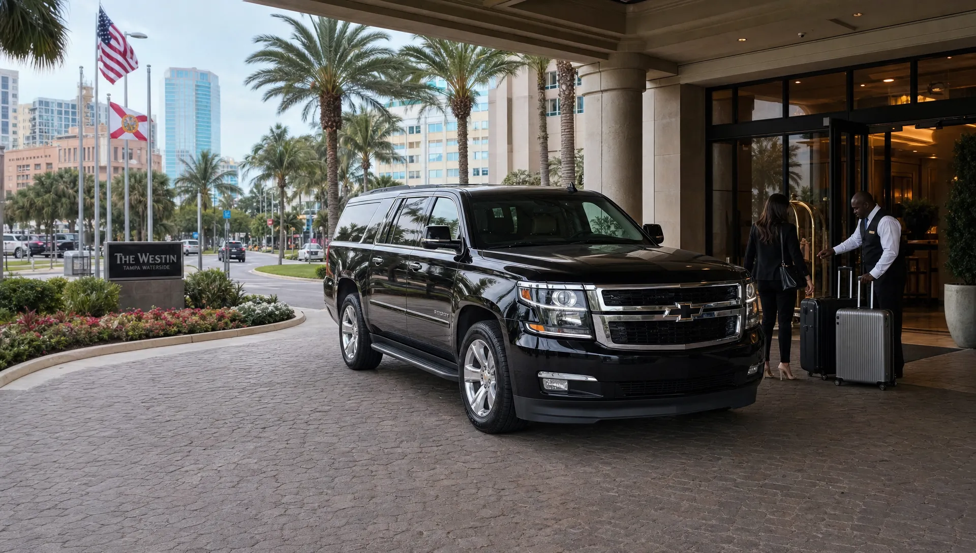 A black executive SUV waits outside a Tampa hotel entrance with luggage near the curb and palm trees by the street.
