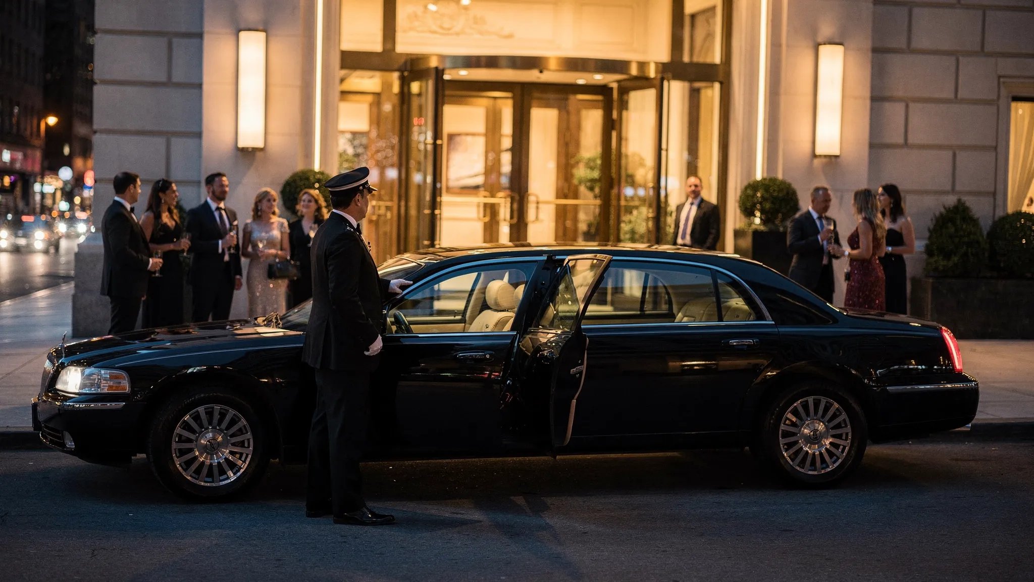 A black stretch limousine parked outside an elegant event venue at night with soft exterior lighting, guests in formal attire approaching the vehicle, and a professional chauffeur standing near the open rear door.