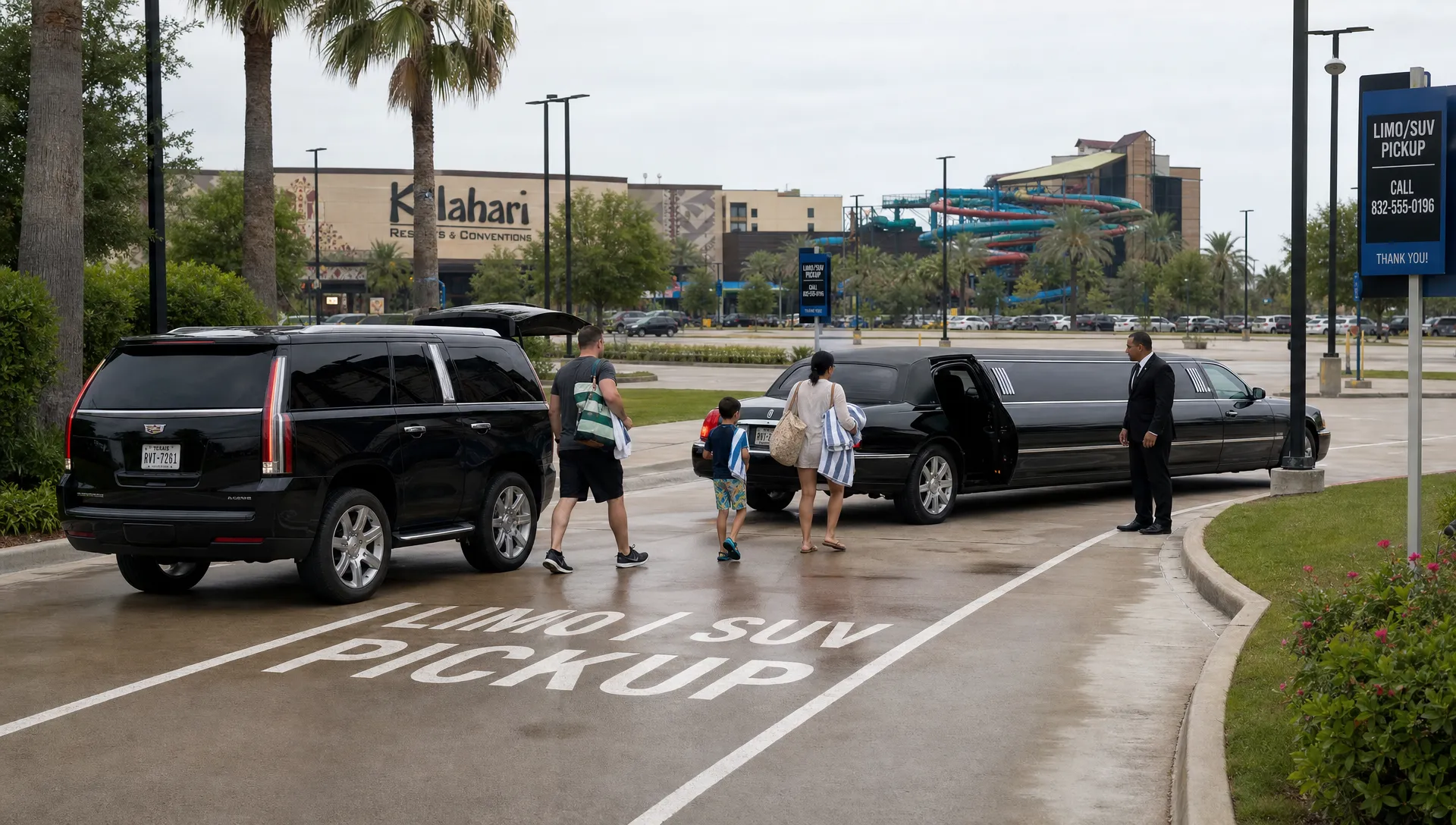 A luxury black SUV and a stretch limousine waiting at a clearly marked pickup area near a Houston-area family entertainment destination, with guests carrying small day bags and towels while the vehicles are positioned safely along the curb.