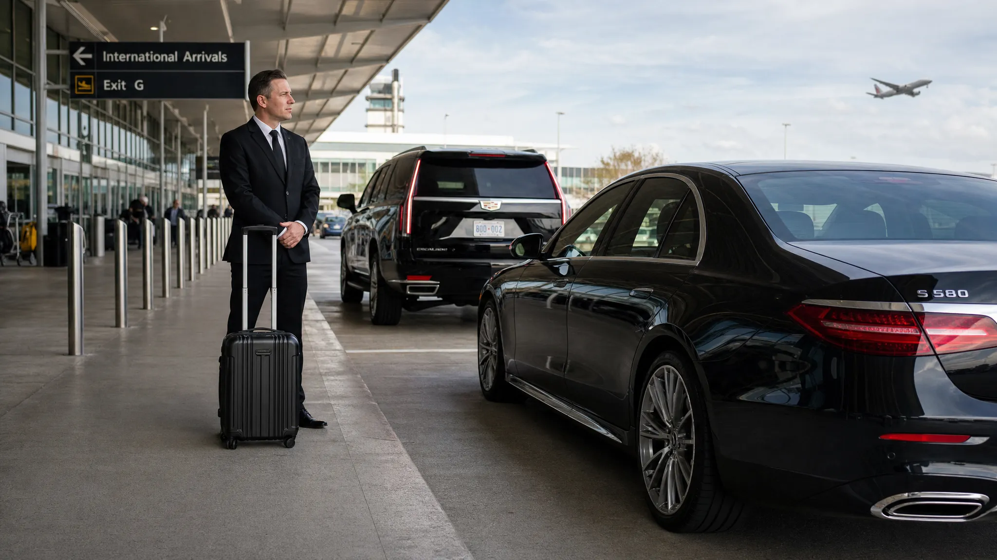 A black luxury sedan and SUV staged at an airport pickup zone while a professional chauffeur stands beside the luggage, ready for an arriving business traveler.