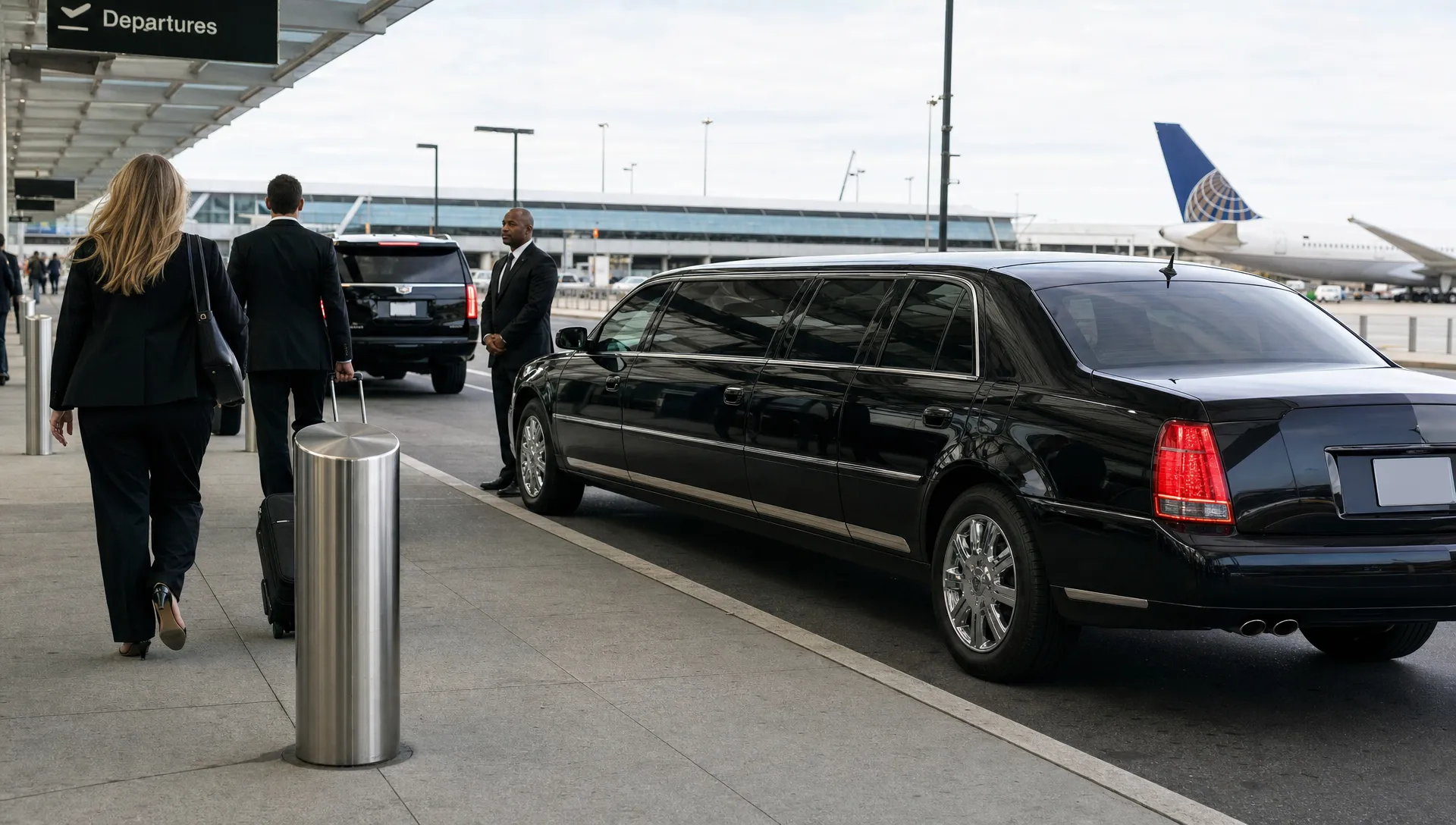 A luxury black limousine and executive SUV wait by an airport terminal while travelers move past with luggage.