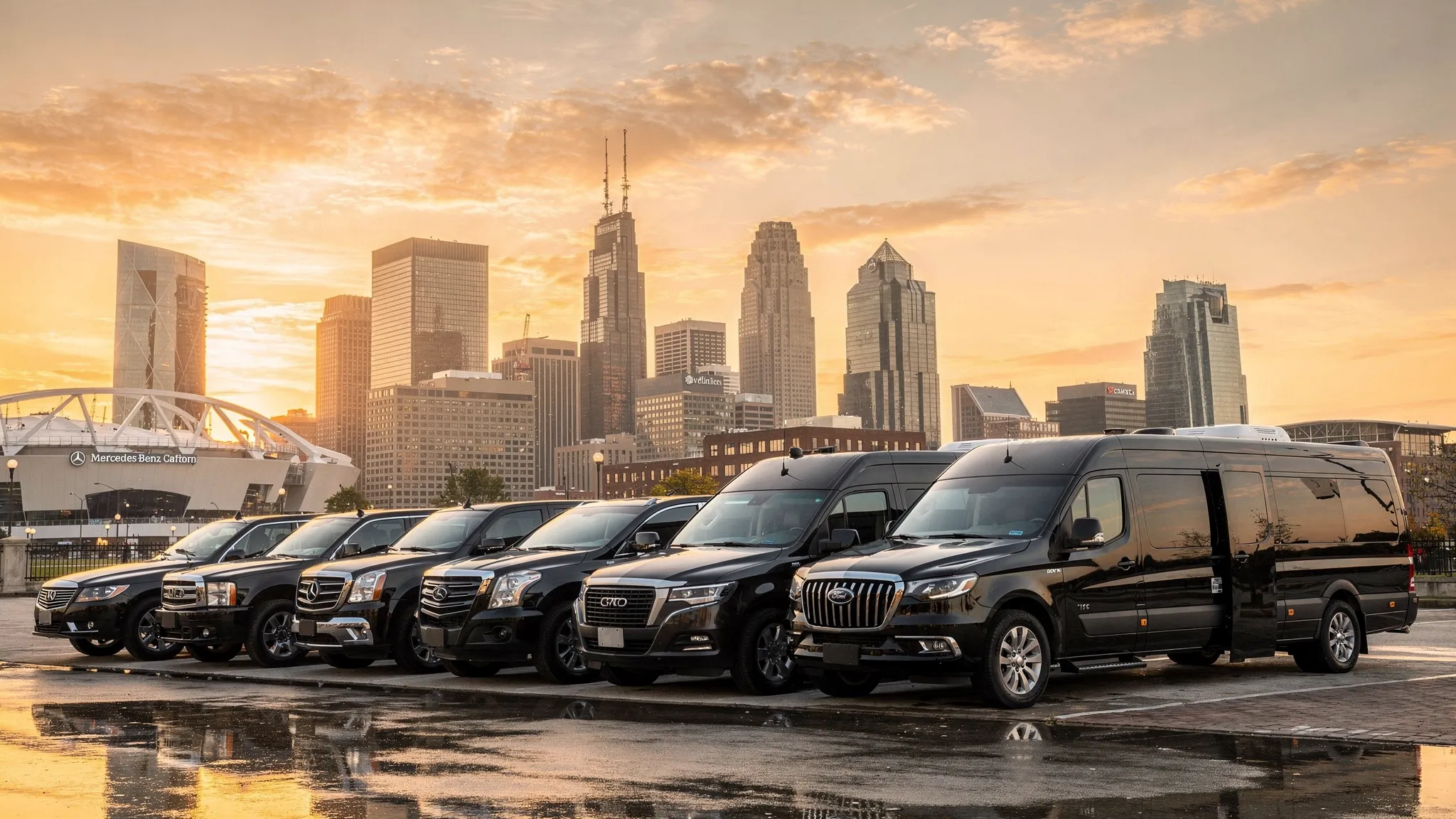 A luxury transportation fleet with black sedans, SUVs, stretch limousines, Sprinter vans, and a party bus parked near the Atlanta skyline at sunset.
