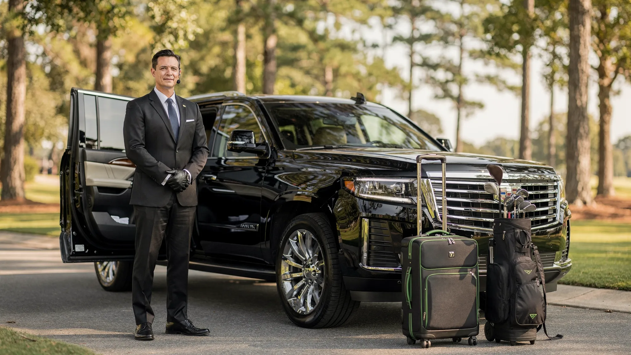 A luxury black SUV with a professional chauffeur standing beside it near a tree-lined entrance road in Augusta, Georgia, with subtle golf-themed travel luggage in the background.