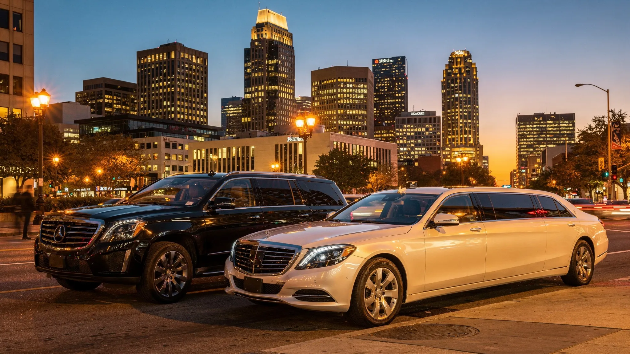 A luxury black SUV and a stretch limousine parked curbside with the Atlanta skyline in the background at dusk, emphasizing premium chauffeured transportation for city events and airport transfers.