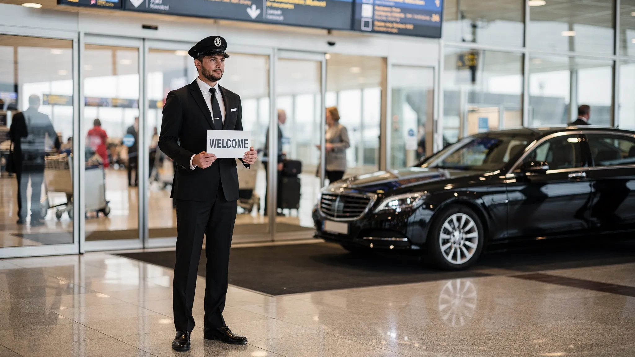 A uniformed chauffeur standing at an airport arrivals area holding a name sign while a luxury sedan waits curbside outside, illustrating meet-and-greet airport limo service.