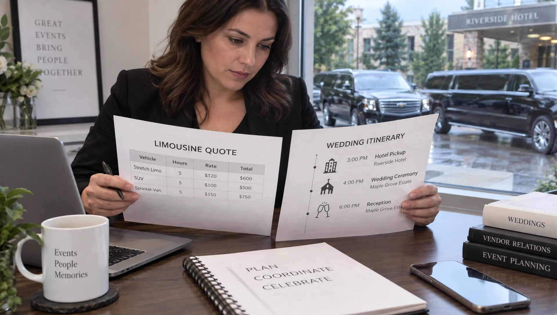 An event planner reviews written limousine quotes and an itinerary listing hotel pickups, a wedding venue, and a reception beside a window overlooking parked vehicles.