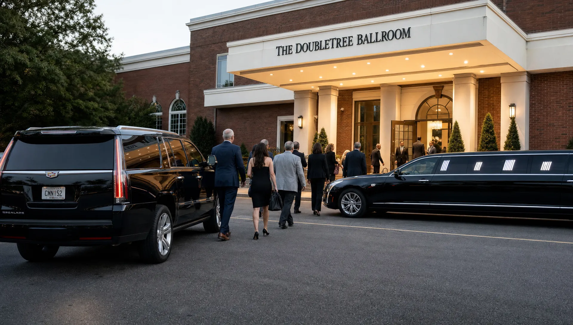 A black luxury SUV and stretch limousine wait outside a Macon event venue as adult guests arrive for a business reception.