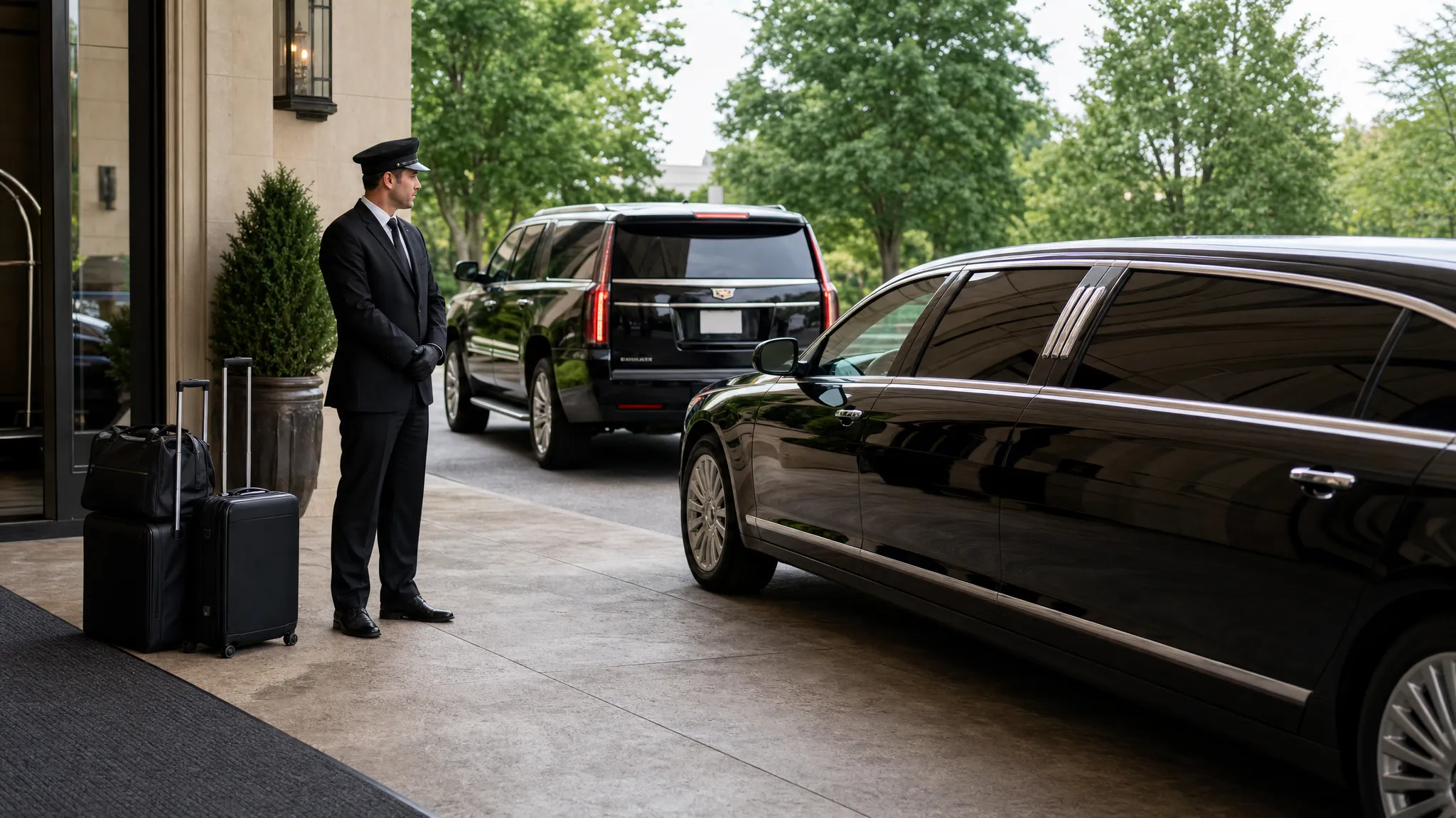 A polished black limousine and luxury SUV parked at a formal venue entrance, with a professional chauffeur standing nearby and luggage ready for pickup.