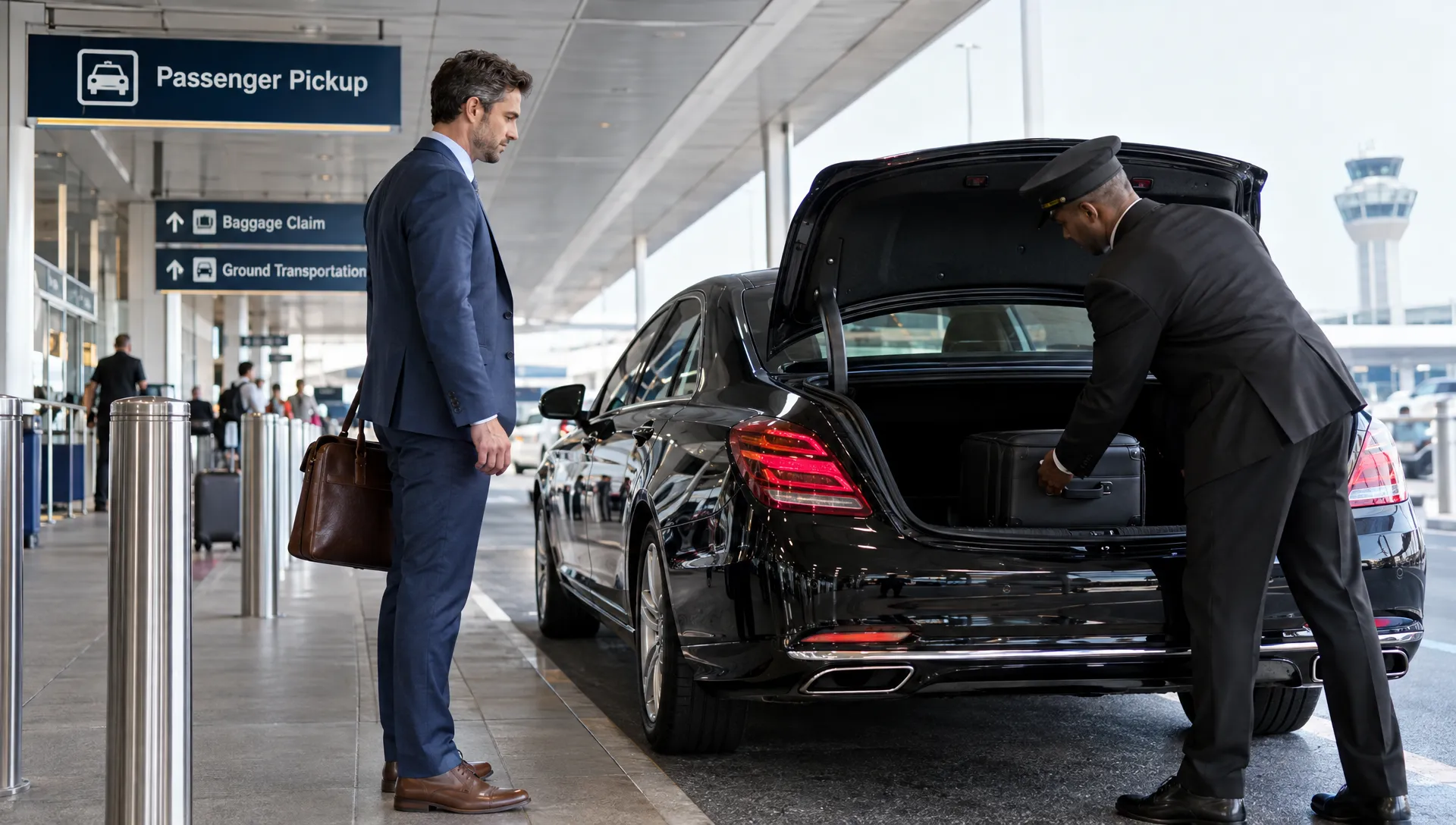 At the airport pickup curb, a chauffeur places a business traveler’s suitcase in the trunk of an executive sedan while the traveler waits beside the rear door and terminal signs mark the pickup area.