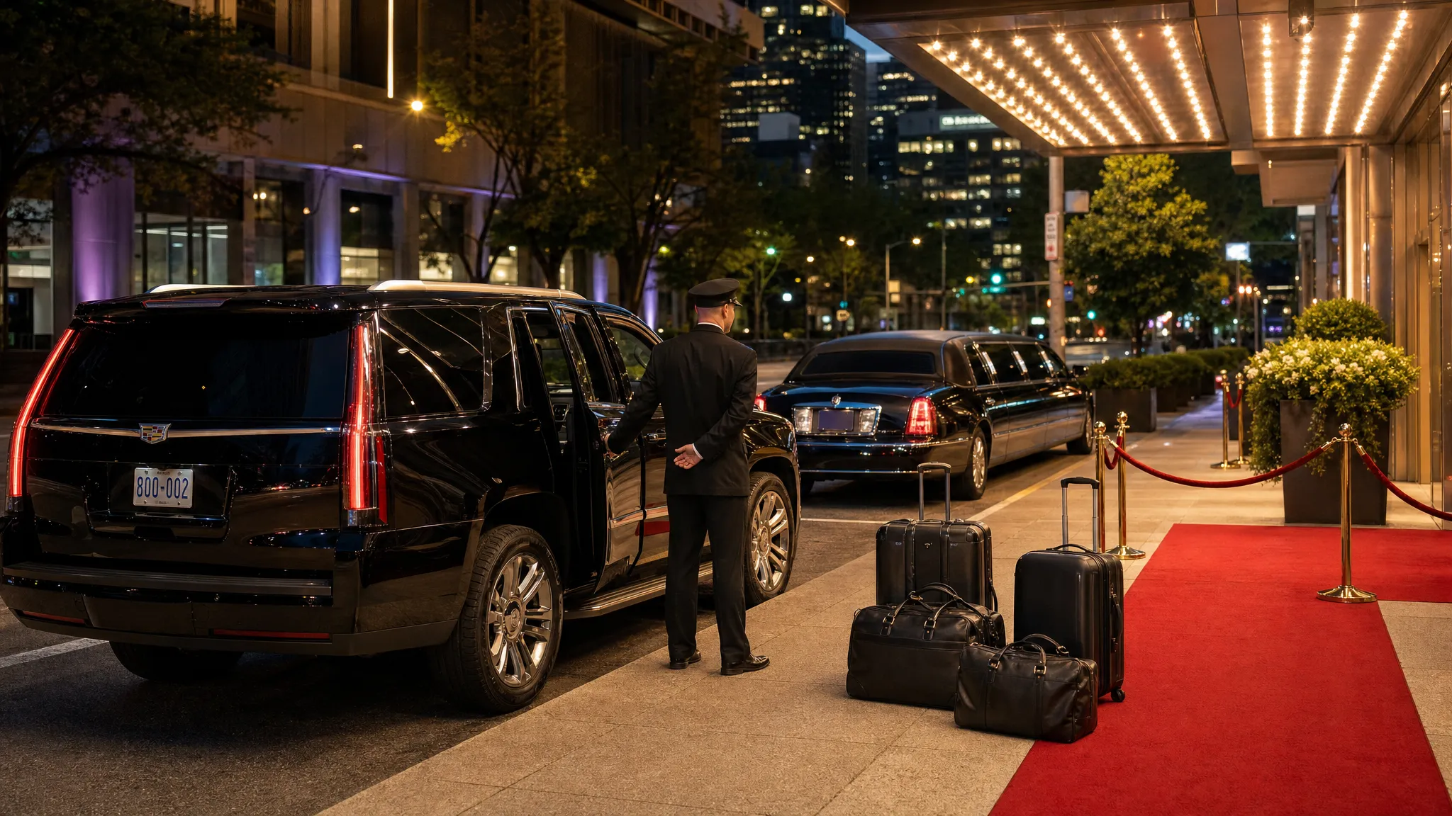 A black luxury SUV and a stretch limousine parked along a city curb outside a modern event venue at night, with a professional chauffeur standing by the open rear door and luggage arranged neatly on the sidewalk.