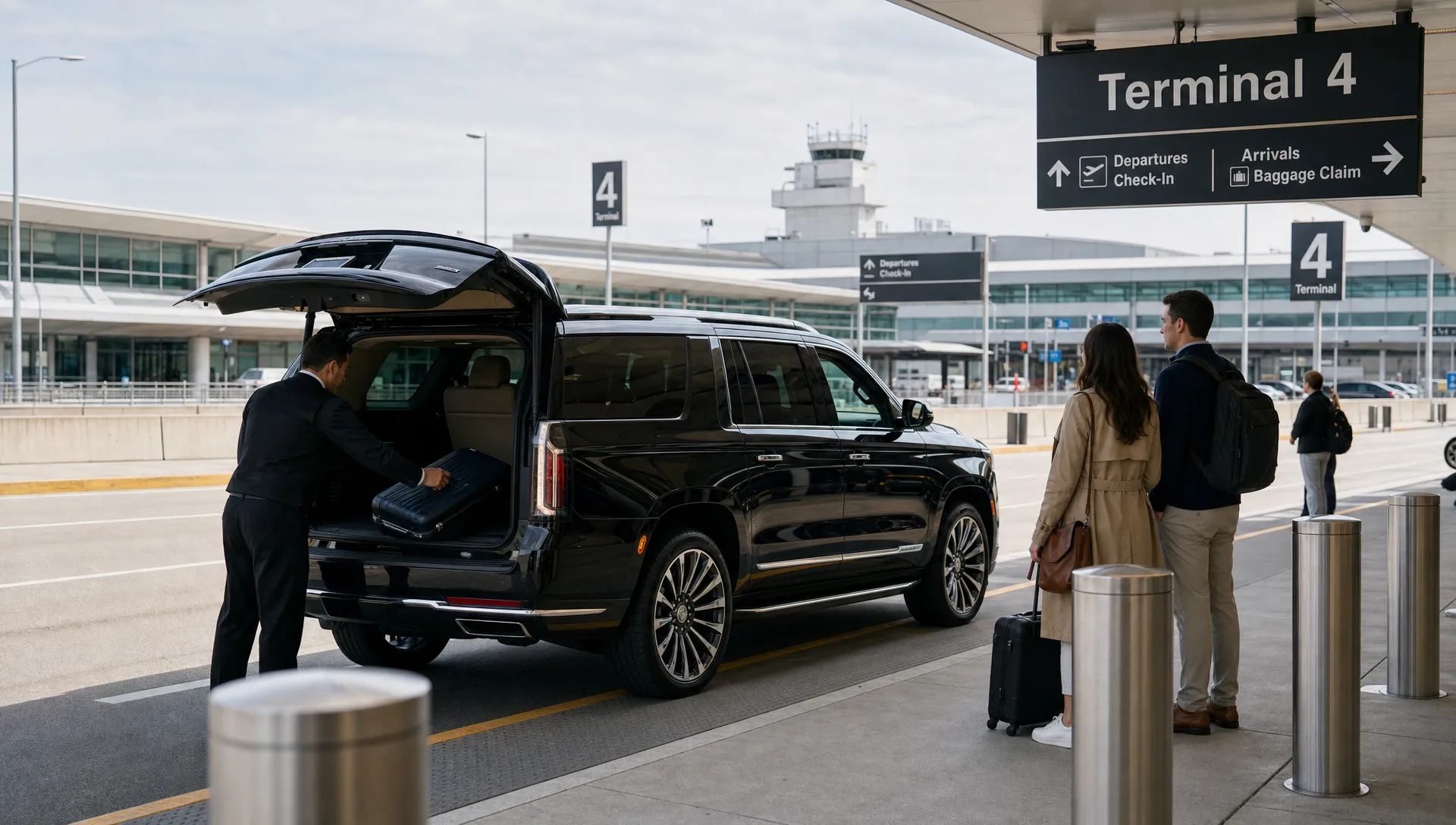 A luxury black SUV at an airport pickup area with luggage being loaded near the curb, while travelers wait nearby under clear terminal signage.