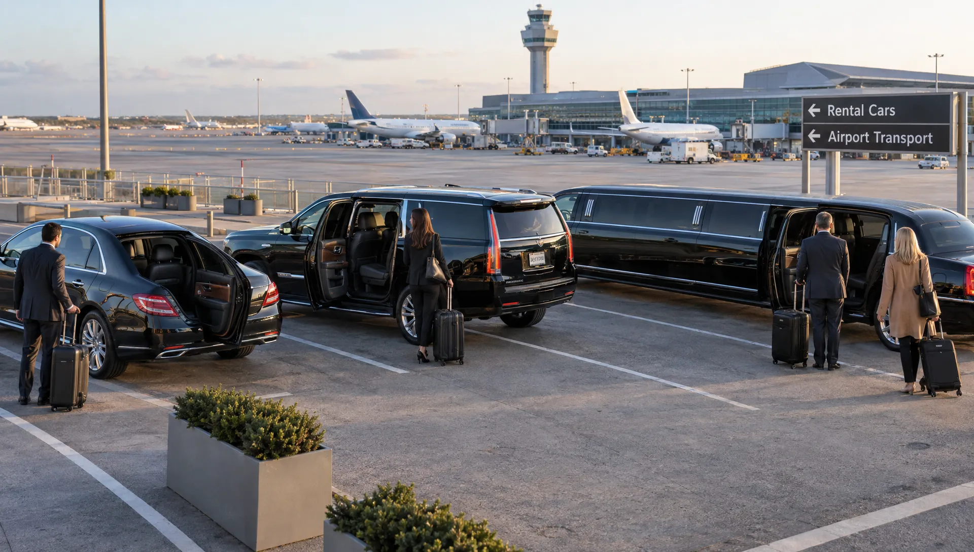 An executive sedan, luxury SUV, and stretch limousine stand ready for airport transfers, with travelers and luggage nearby.