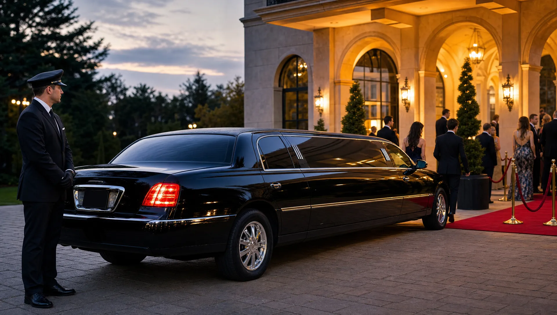 A black luxury limousine parked outside an elegant event venue at dusk, with soft exterior lighting, a red carpet area, and a professional chauffeur standing nearby as guests prepare for a formal evening arrival.