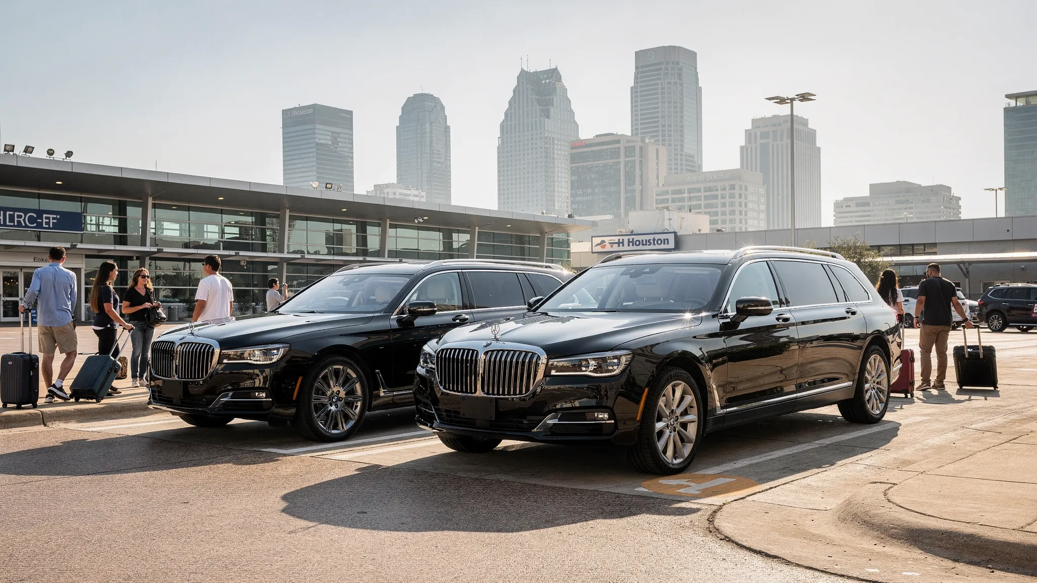 A black luxury limousine and SUV waiting near a Houston airport pickup area with travelers, luggage, and the city skyline in the distance.