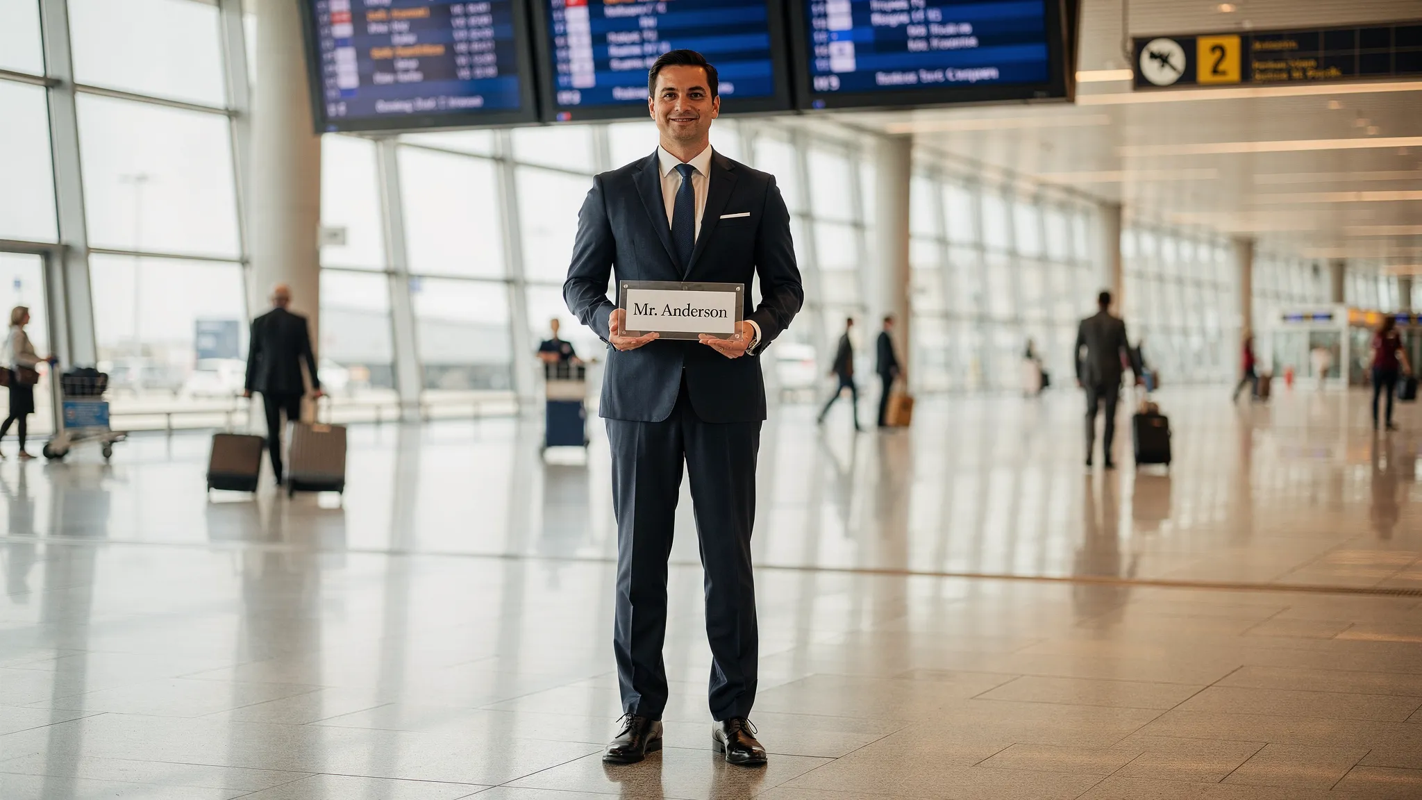A professional chauffeur in a dark suit stands in a bright airport arrivals area holding a clear name sign, with travelers and luggage in the background and a calm, premium atmosphere.