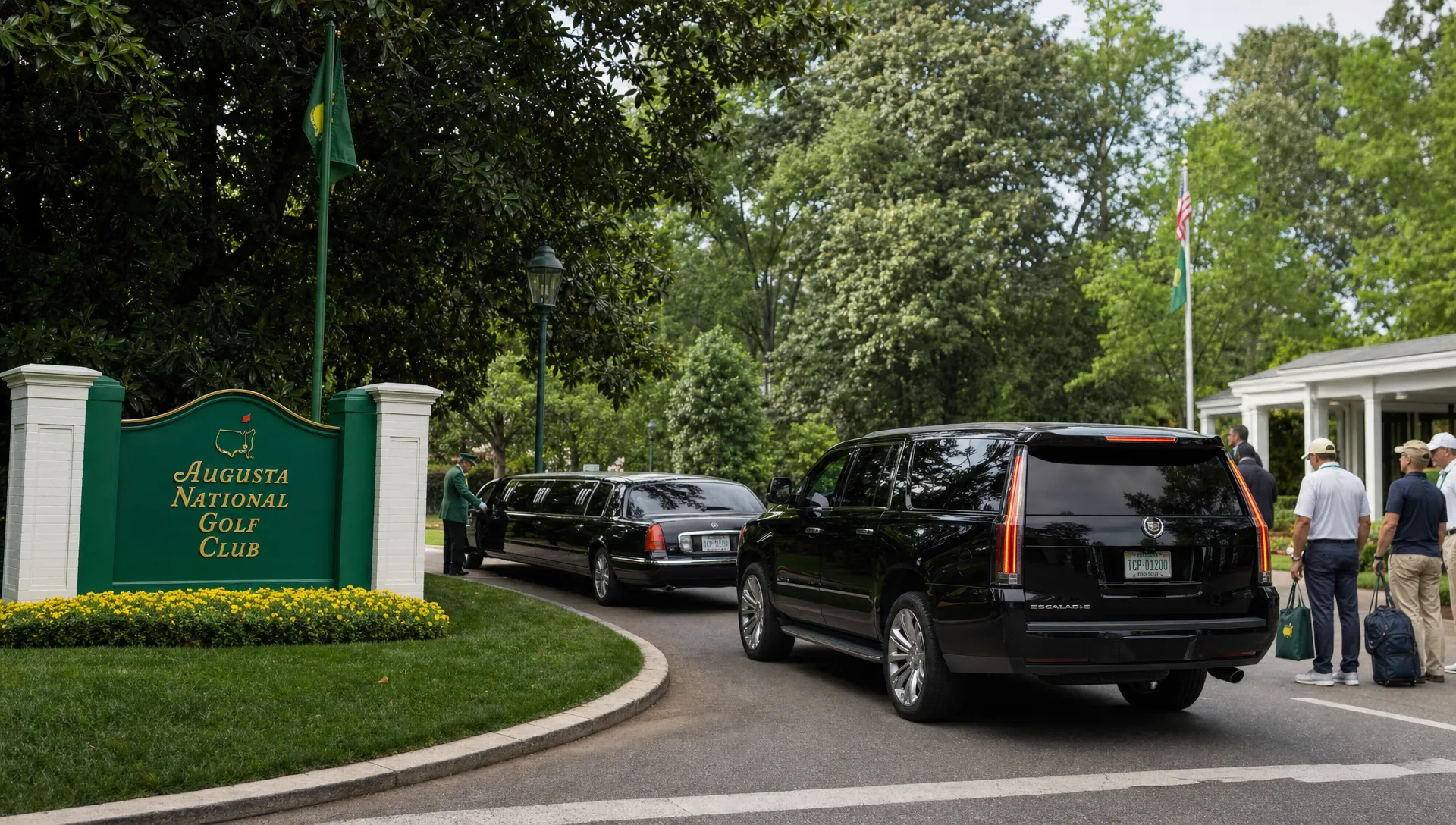 A black luxury SUV and a stretch limousine wait near an Augusta golf entrance for Masters Week guests with small bags.