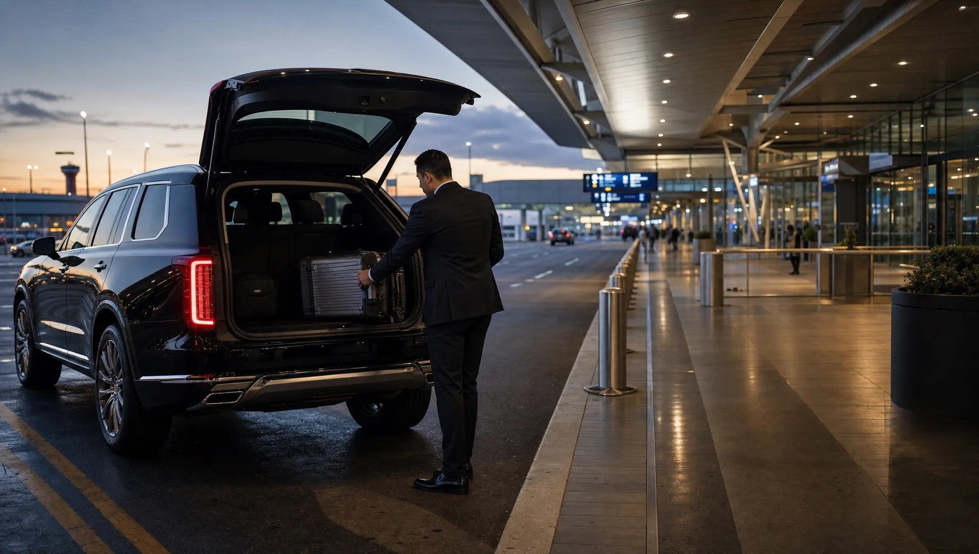 A luxury black SUV waits at an airport departure curb before sunrise while a professional chauffeur loads luggage into the rear of the vehicle. The terminal entrance is softly lit in the background, with a calm early morning travel atmosphere.