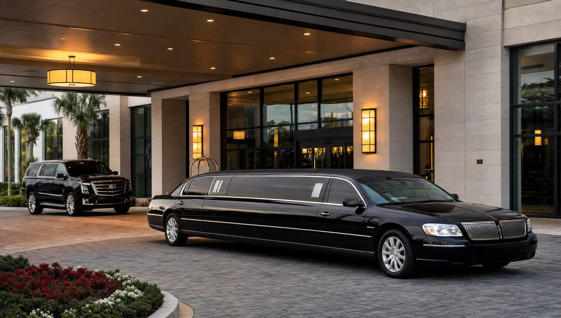 A black luxury limousine and executive SUV wait at a Jacksonville hotel entrance for airport transfers, weddings, and corporate travel.