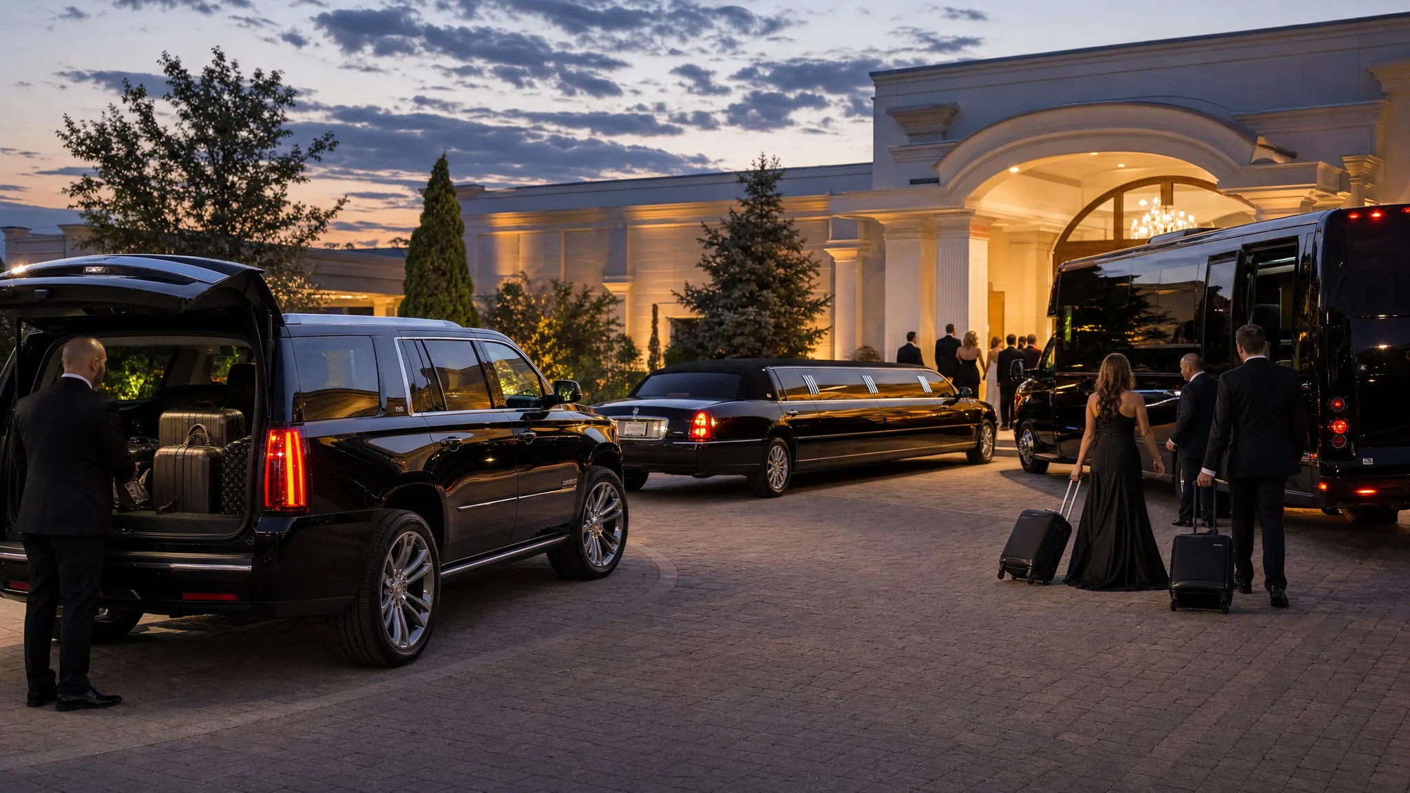 A black luxury SUV, a stretch limousine, and a party bus parked outside an elegant event venue at dusk, with formal guests and luggage nearby to suggest airport, wedding, and event transportation.