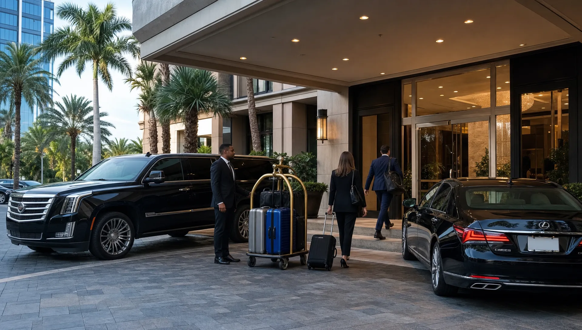 A black luxury SUV and an executive sedan wait at a Tampa hotel entrance beside loaded suitcases for airport, cruise, and business travelers.